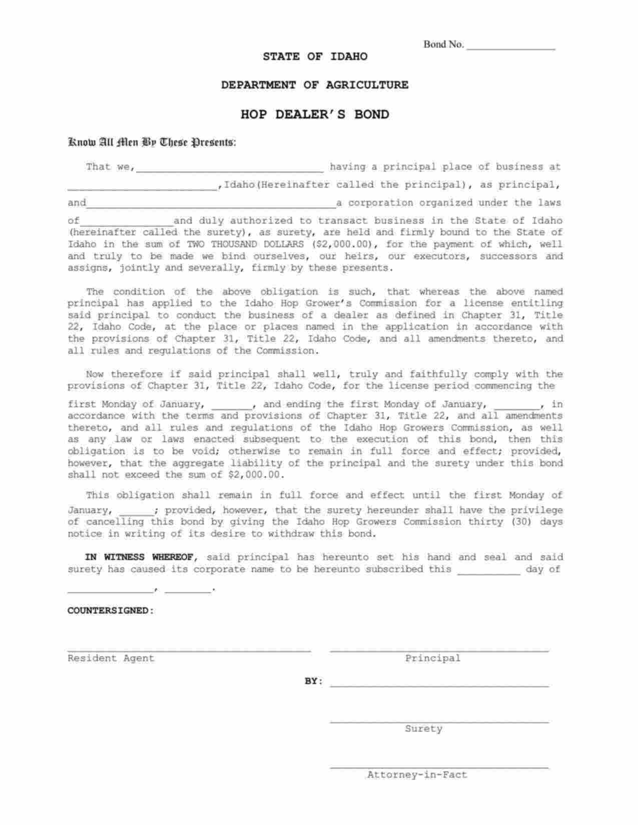 Idaho Hop Dealer Bond Form