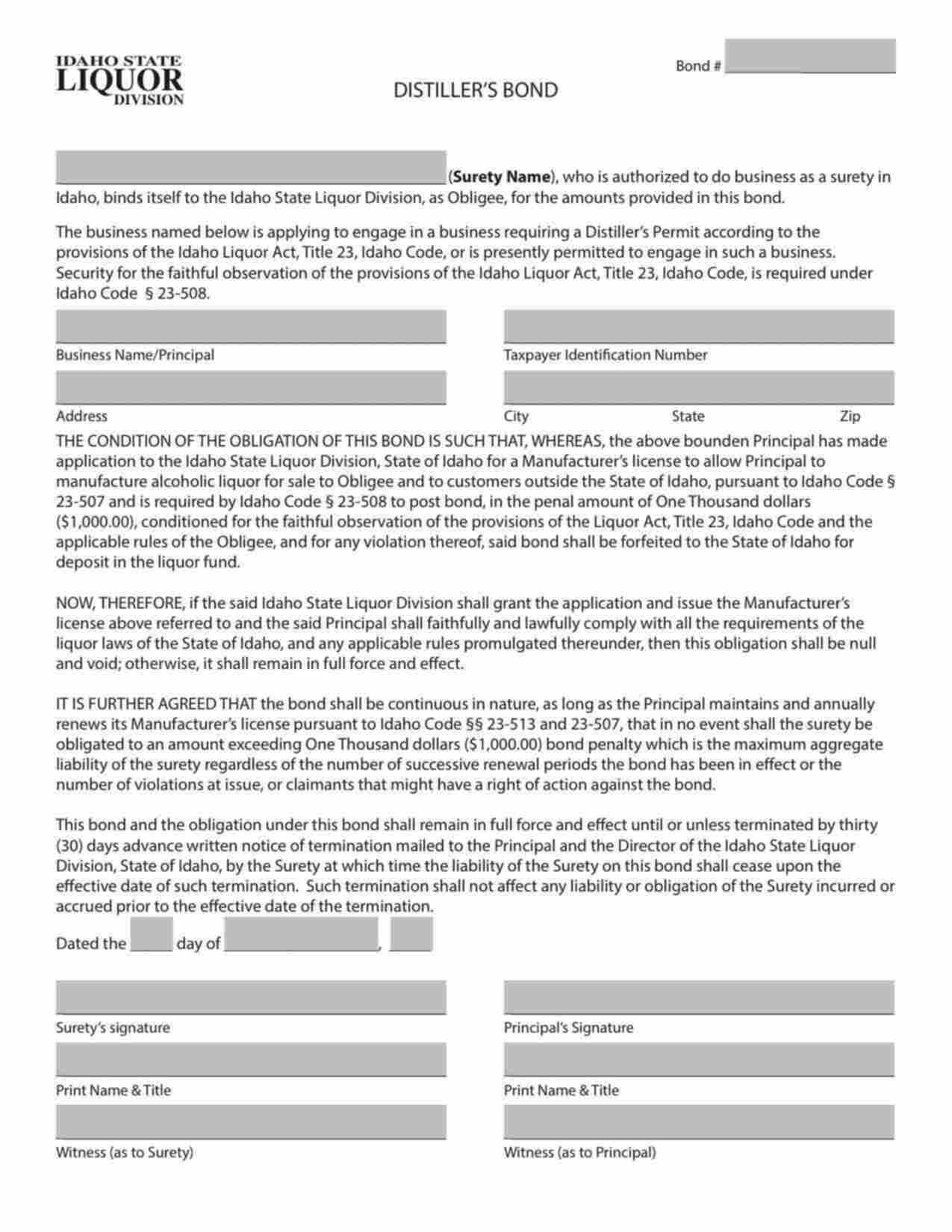 Idaho Distiller Bond Form