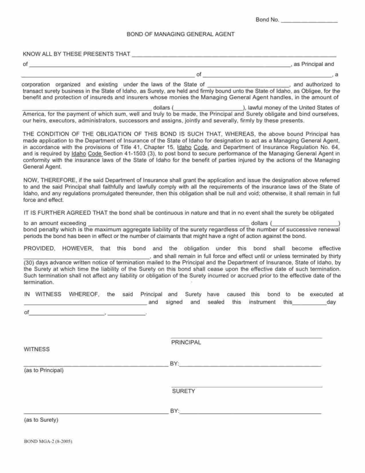 Idaho Managing General Agent Bond Form