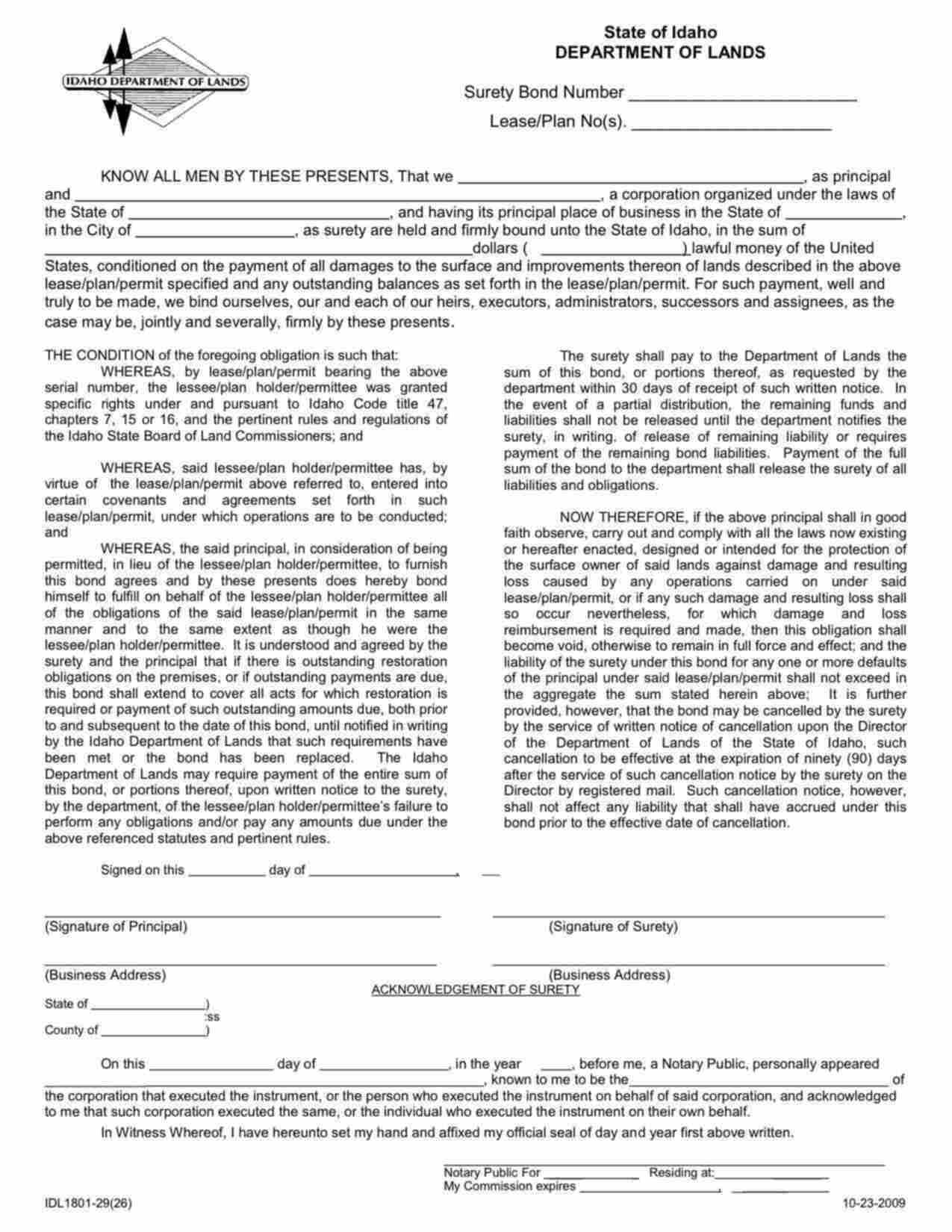 Idaho Mining Permit / Mineral Lease Bond Form