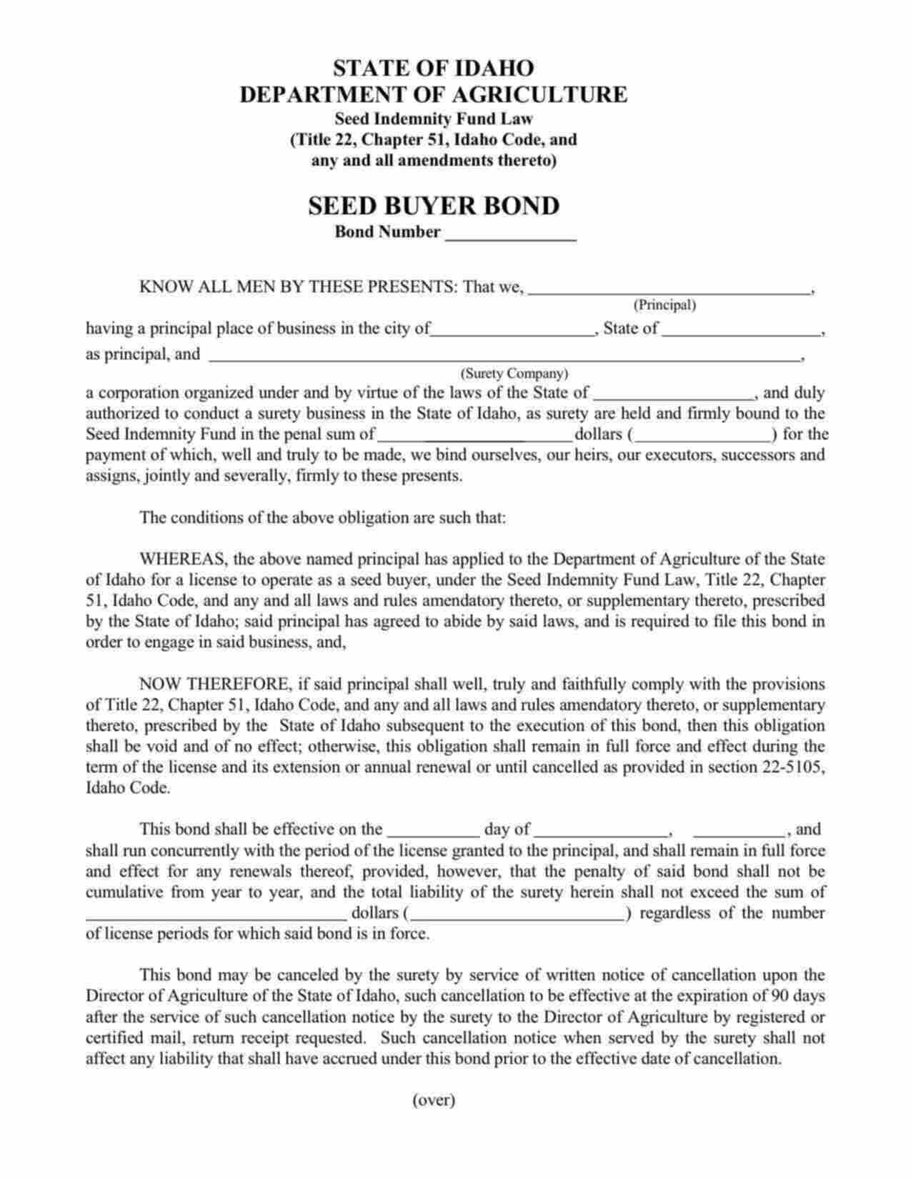 Idaho Seed Buyer Bond Form