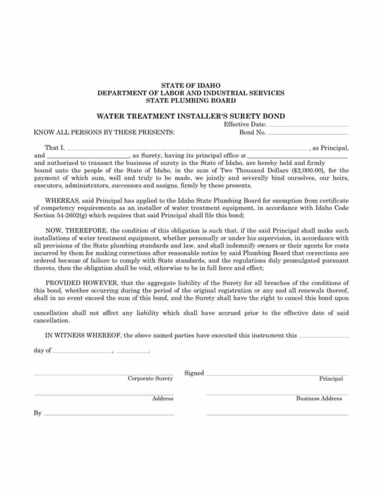 Idaho Water Treatment Installers Bond Form