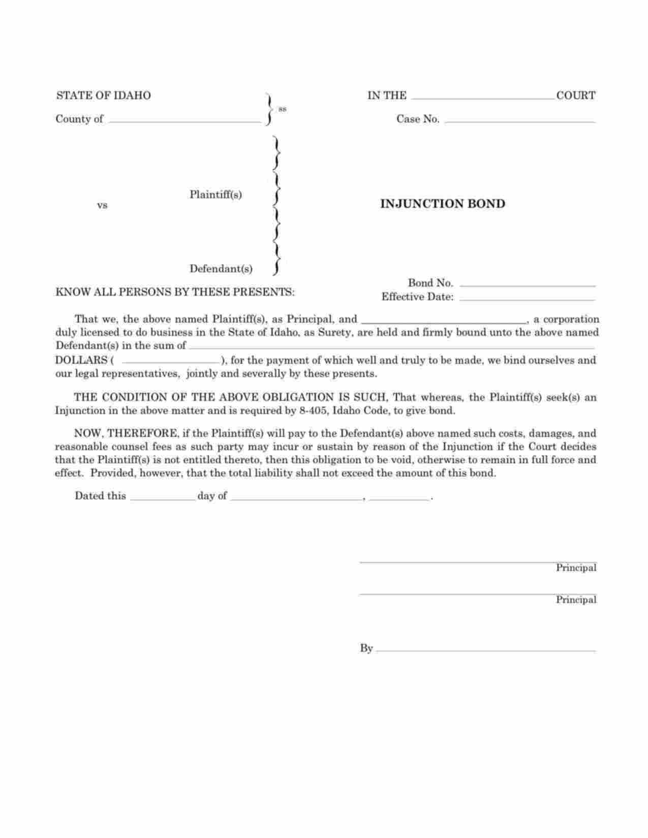 Idaho Injunction Bond Form