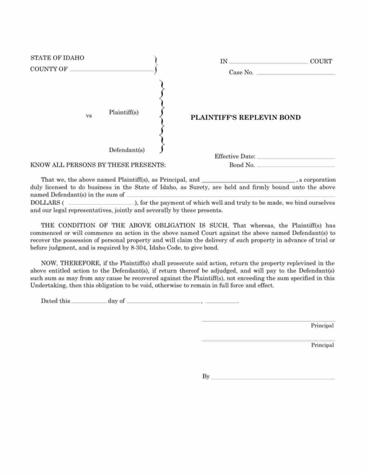 Idaho Plaintiffs Replevin Bond Form