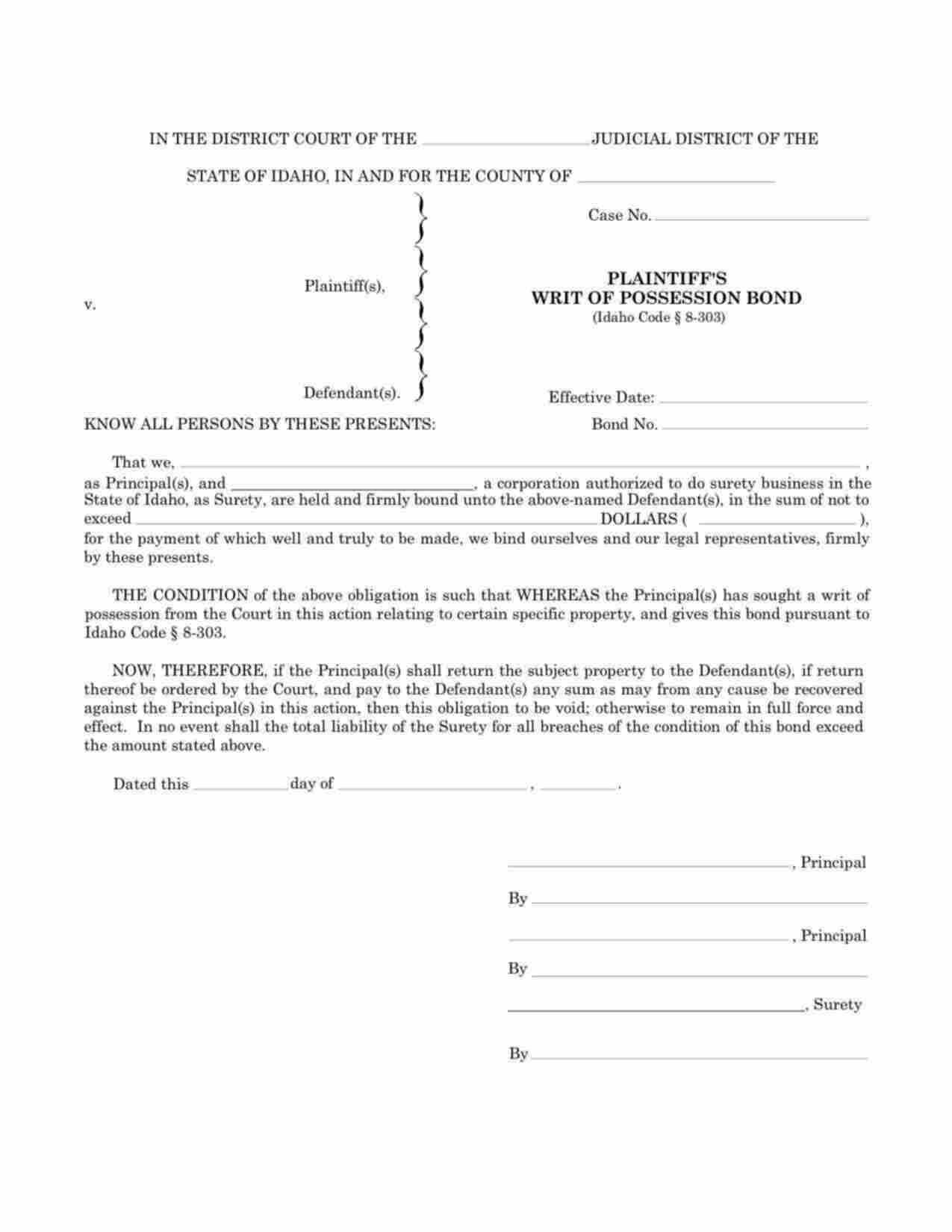 Idaho Plaintiffs Writ of Possession Bond Form