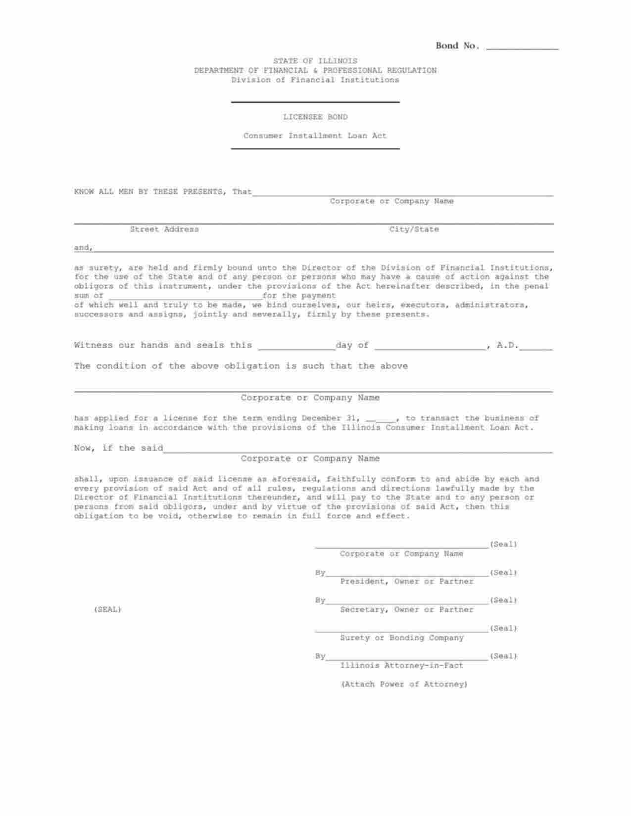 Illinois Consumer Installment Loan License Bond Form