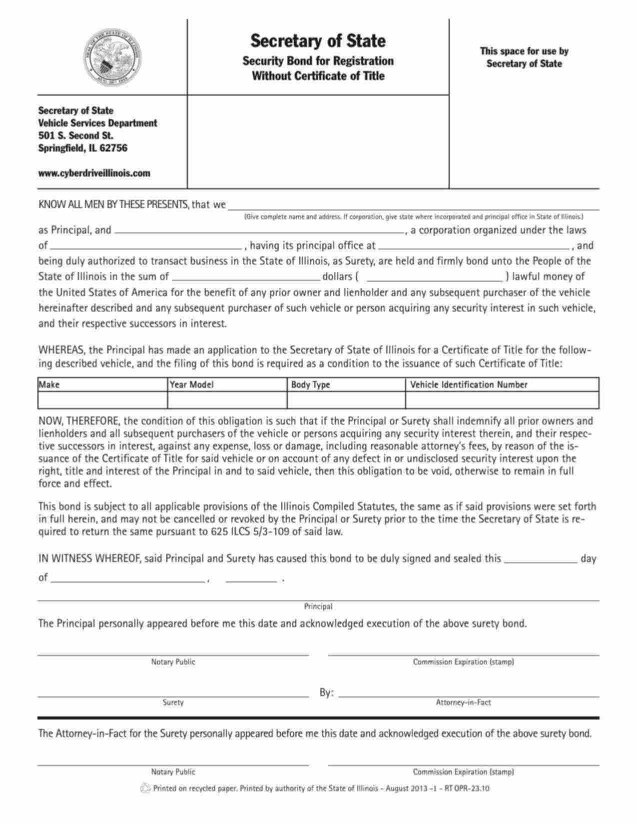 Illinois Motor Vehicle Certificate of Title Bond Form