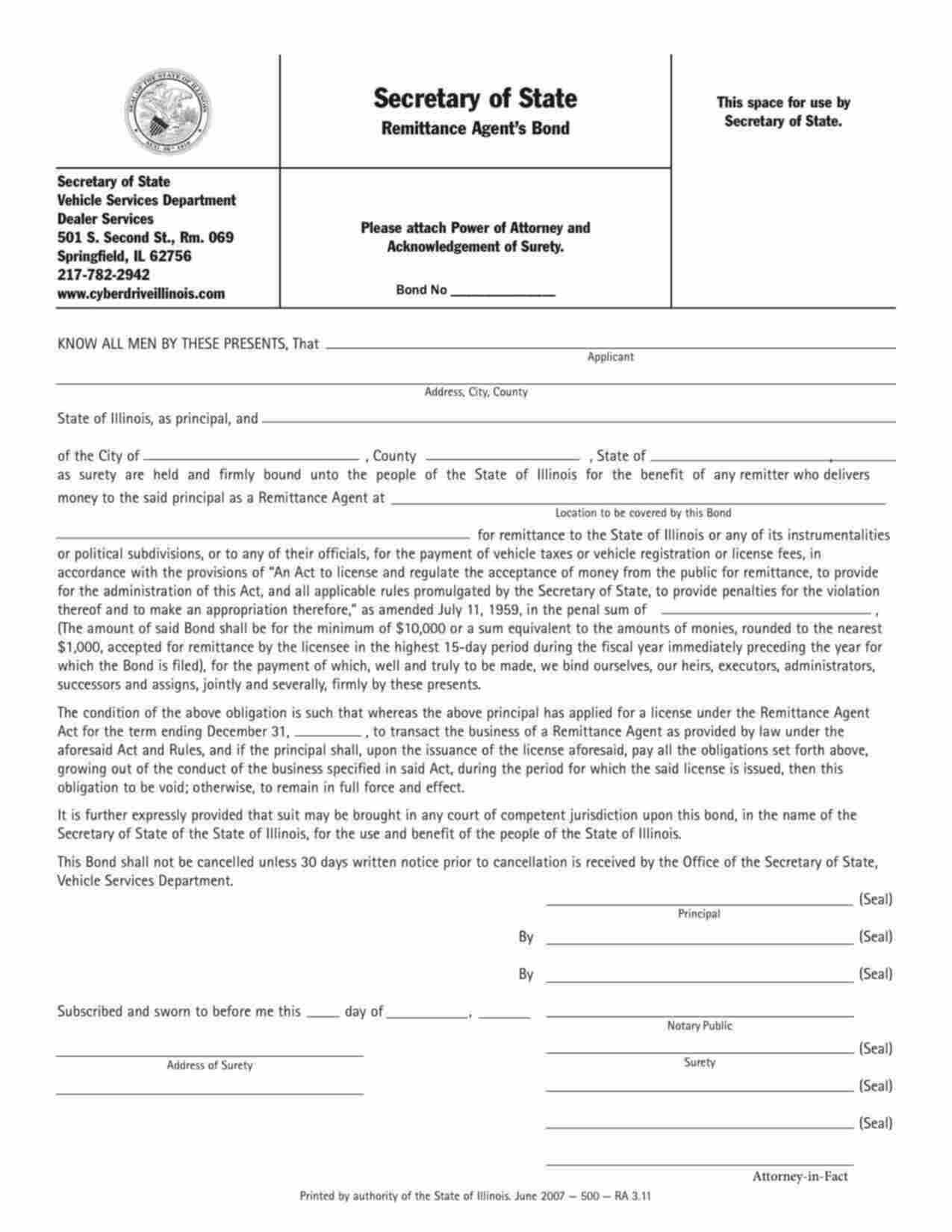 Illinois Remittance Agent Bond Form