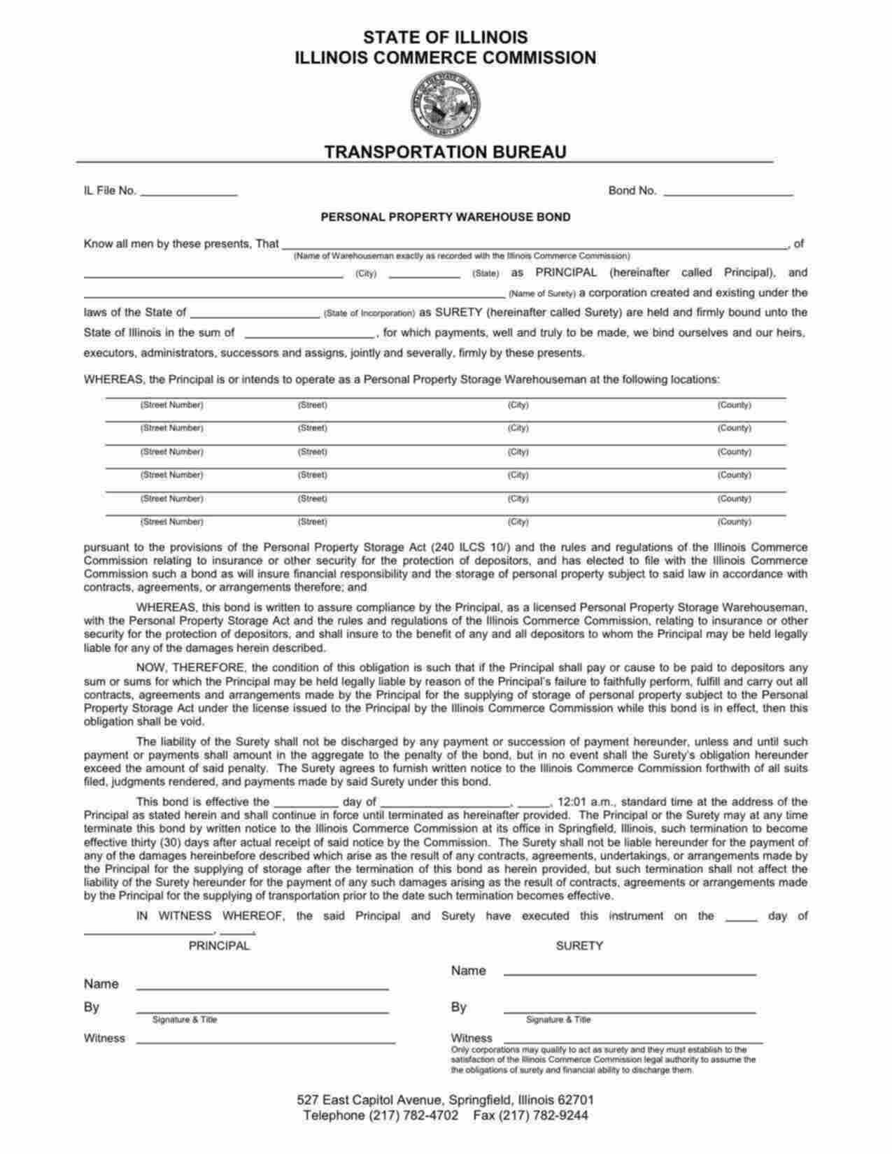 Illinois Personal Property Warehouse Bond Form