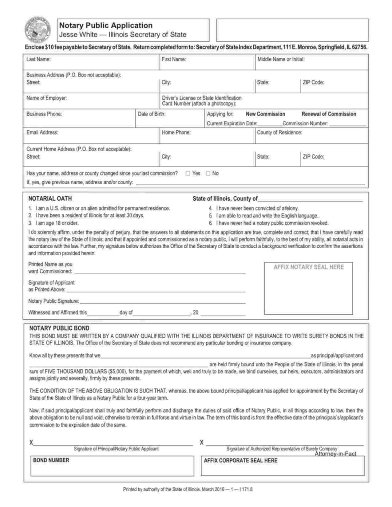 Illinois Notary Public Bond Form