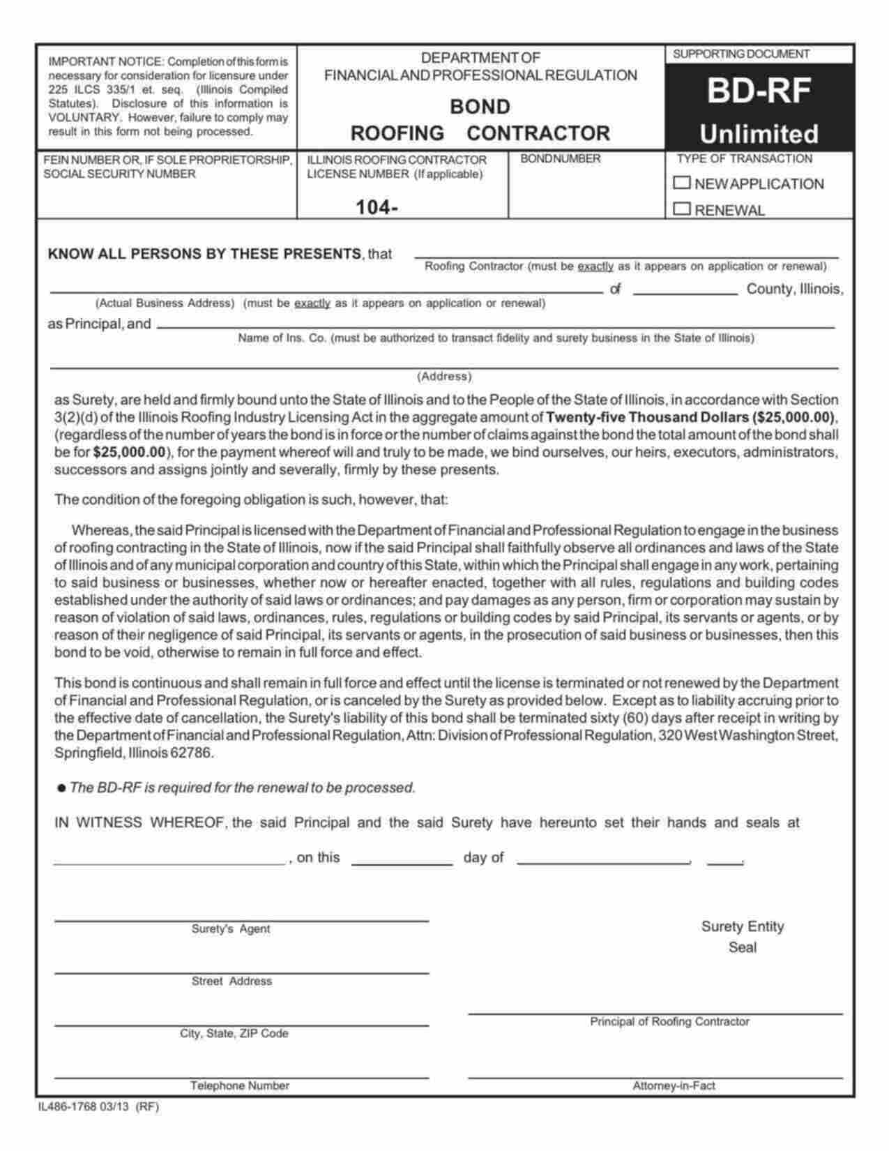 Illinois Roofing Contractor (Unlimited) Bond Form