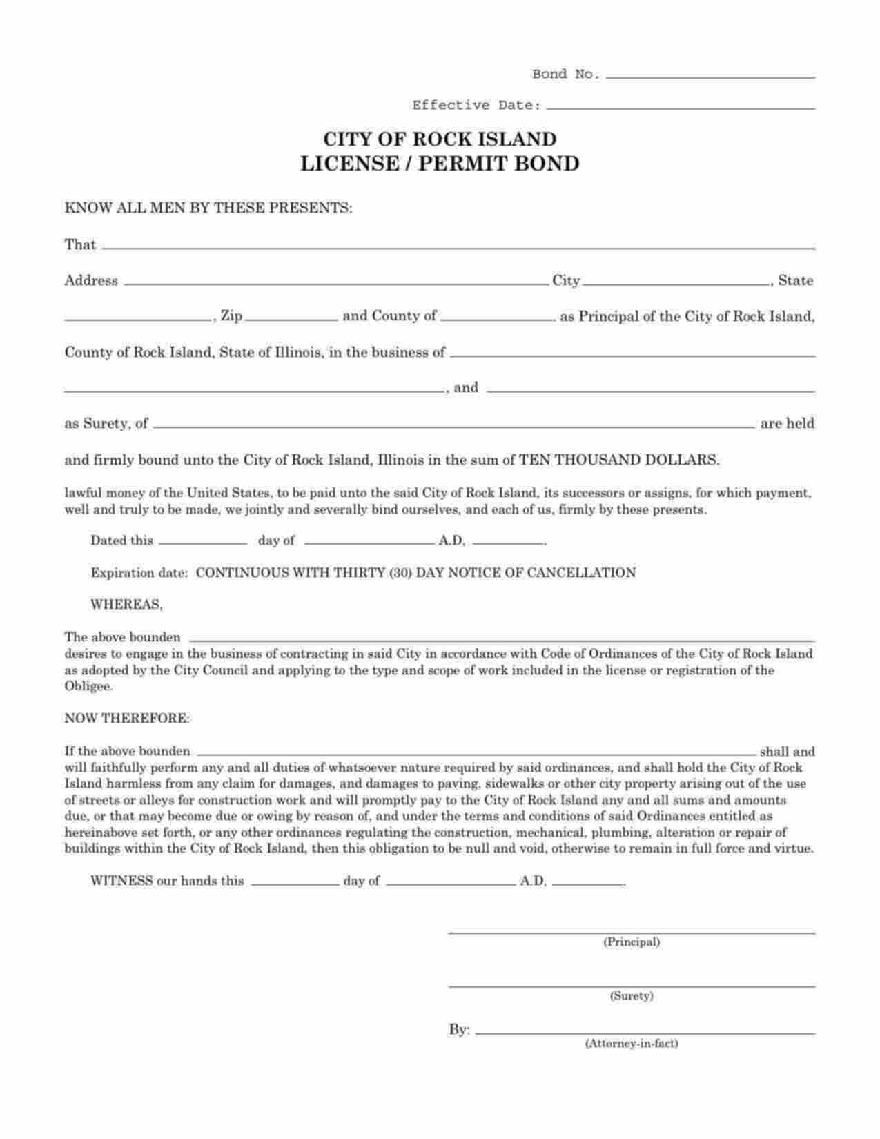 Illinois License/Permit Bond Form