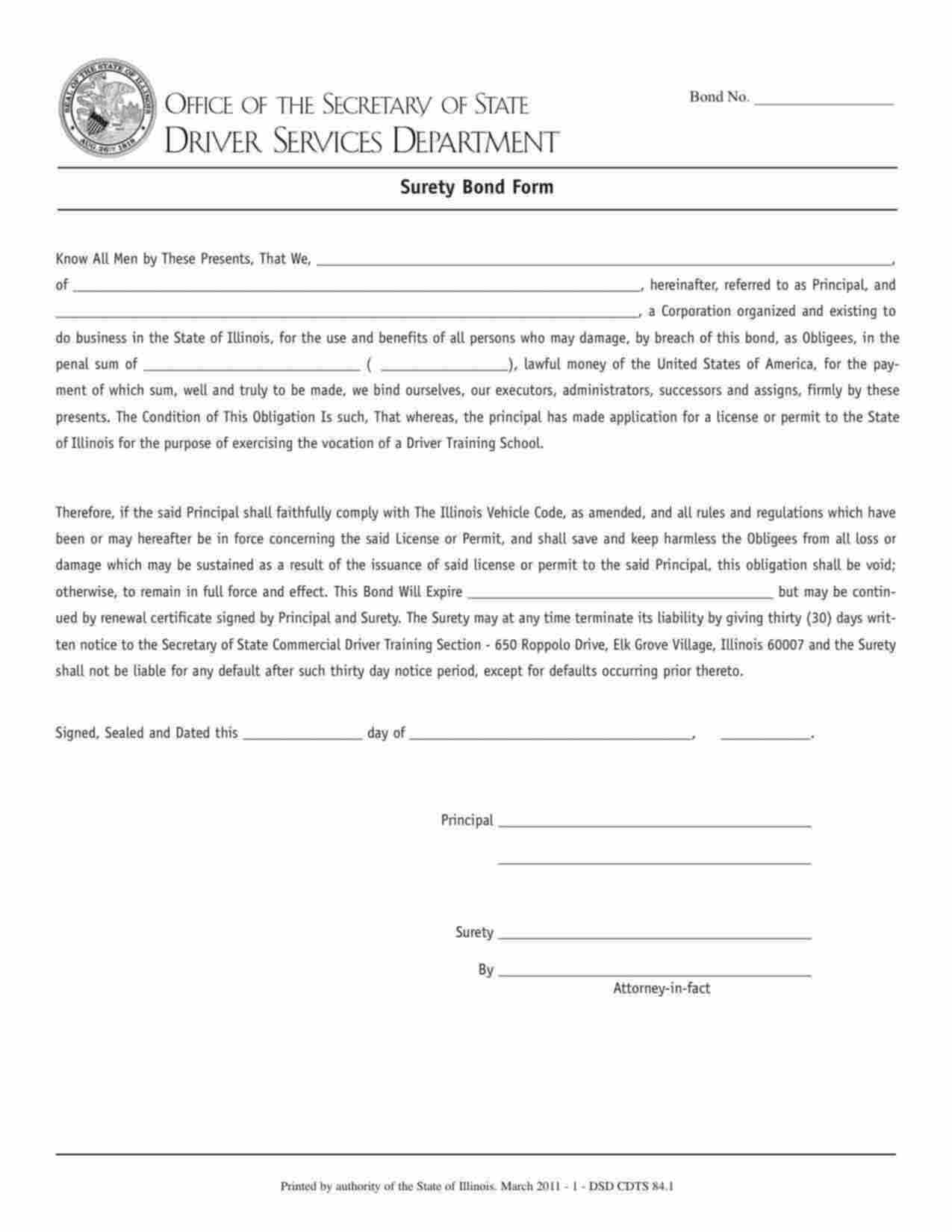 Illinois Driver Training School Bond Form