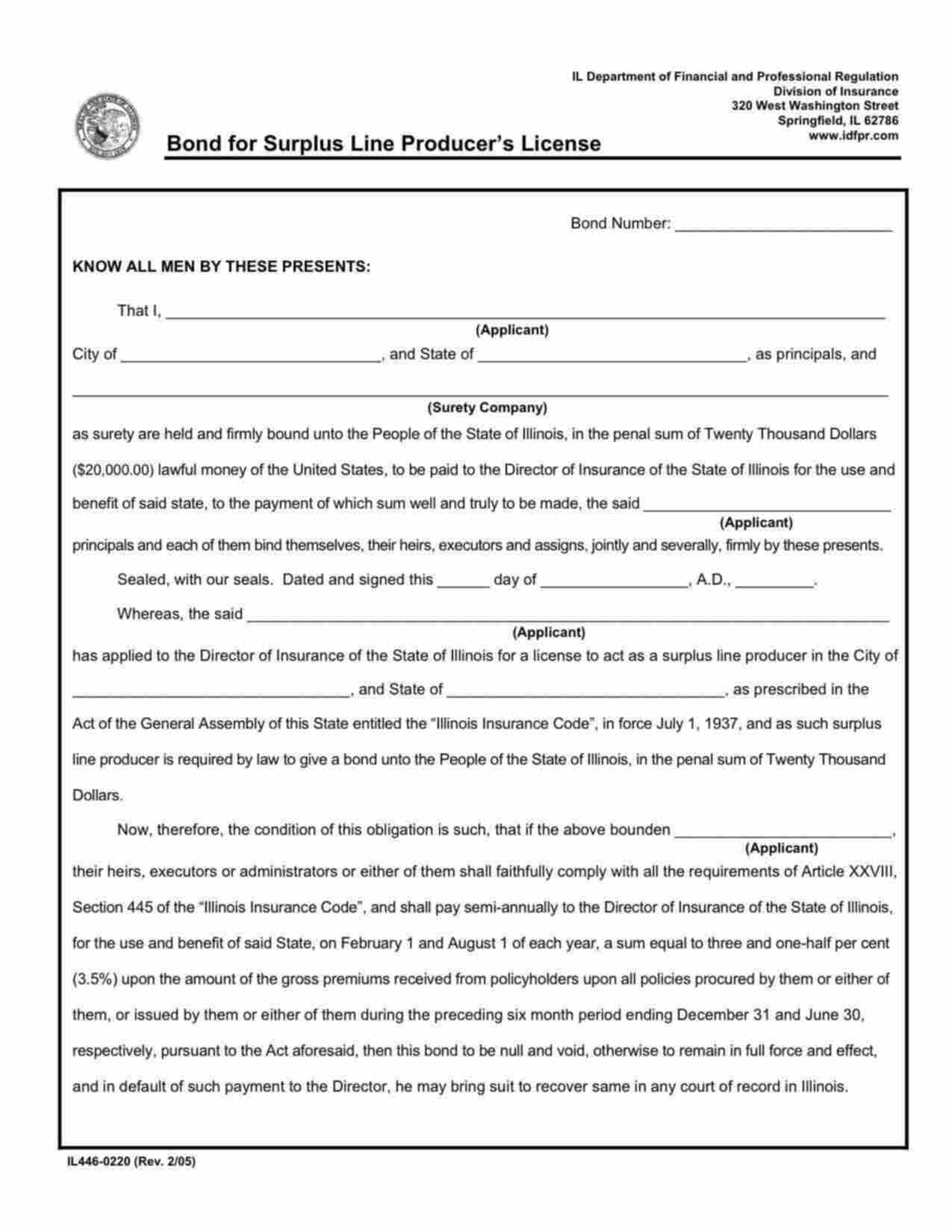 Illinois Surplus Lines Producer's License Bond Form