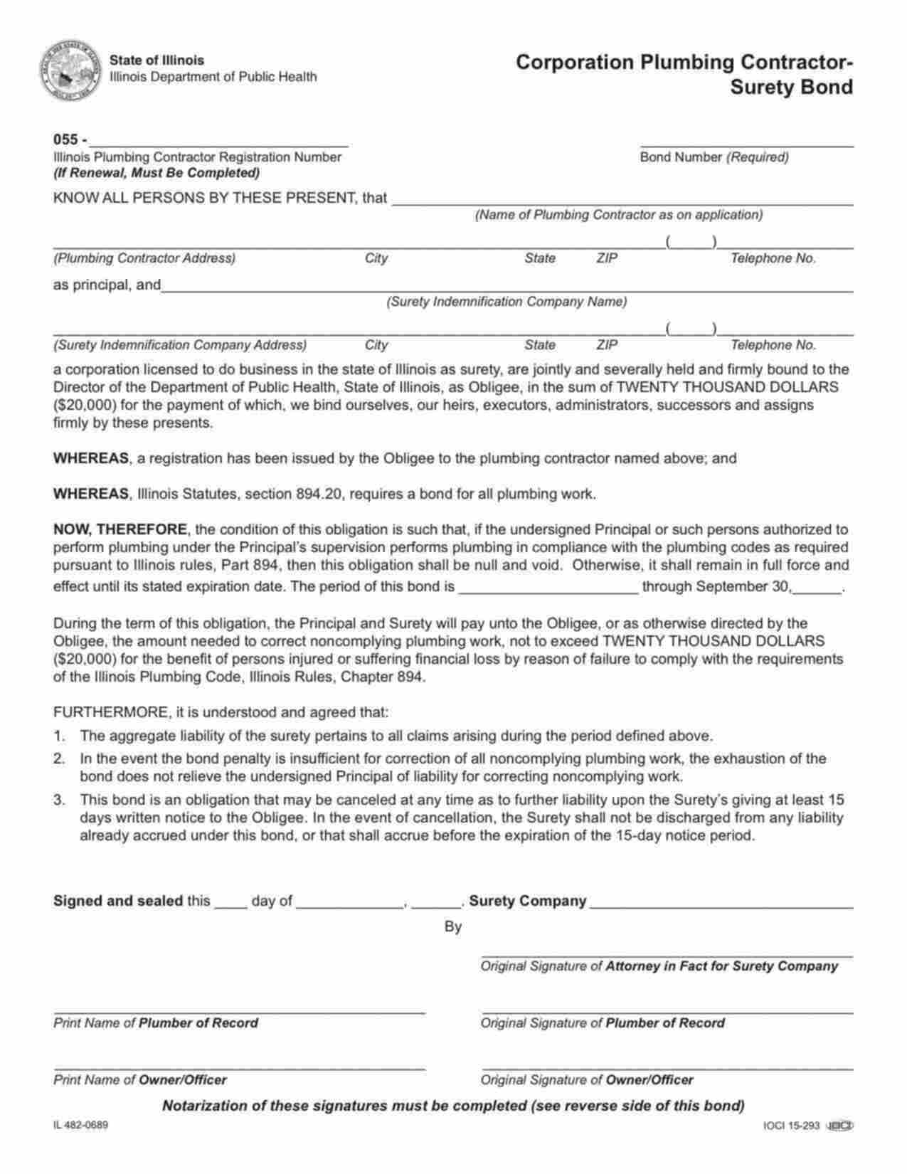 Illinois Plumbing Contractor - Corporation Bond Form