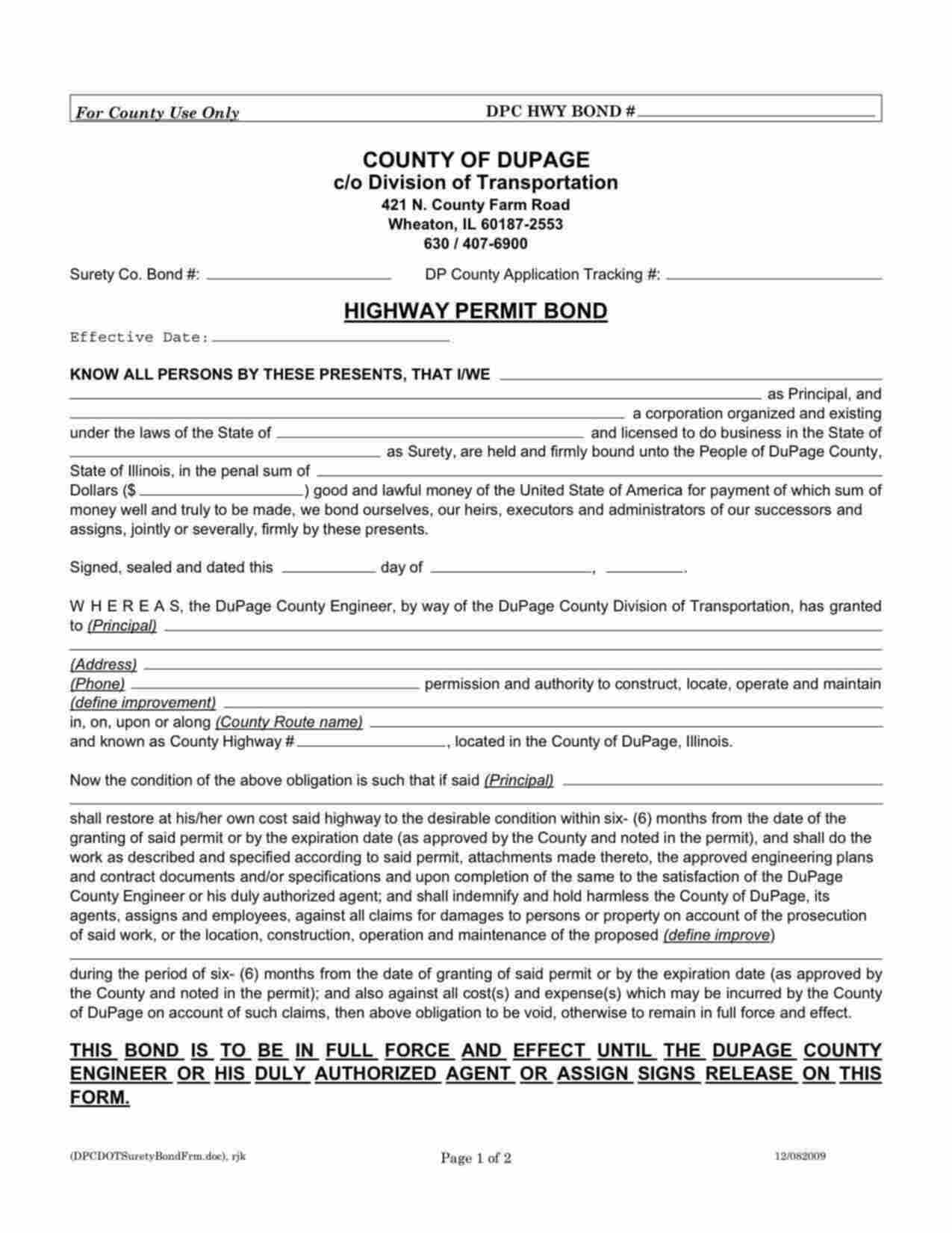 Illinois Highway Permit Bond Form