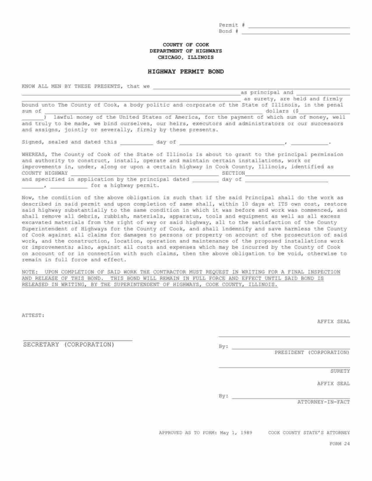 Illinois Highway Permit Bond Form
