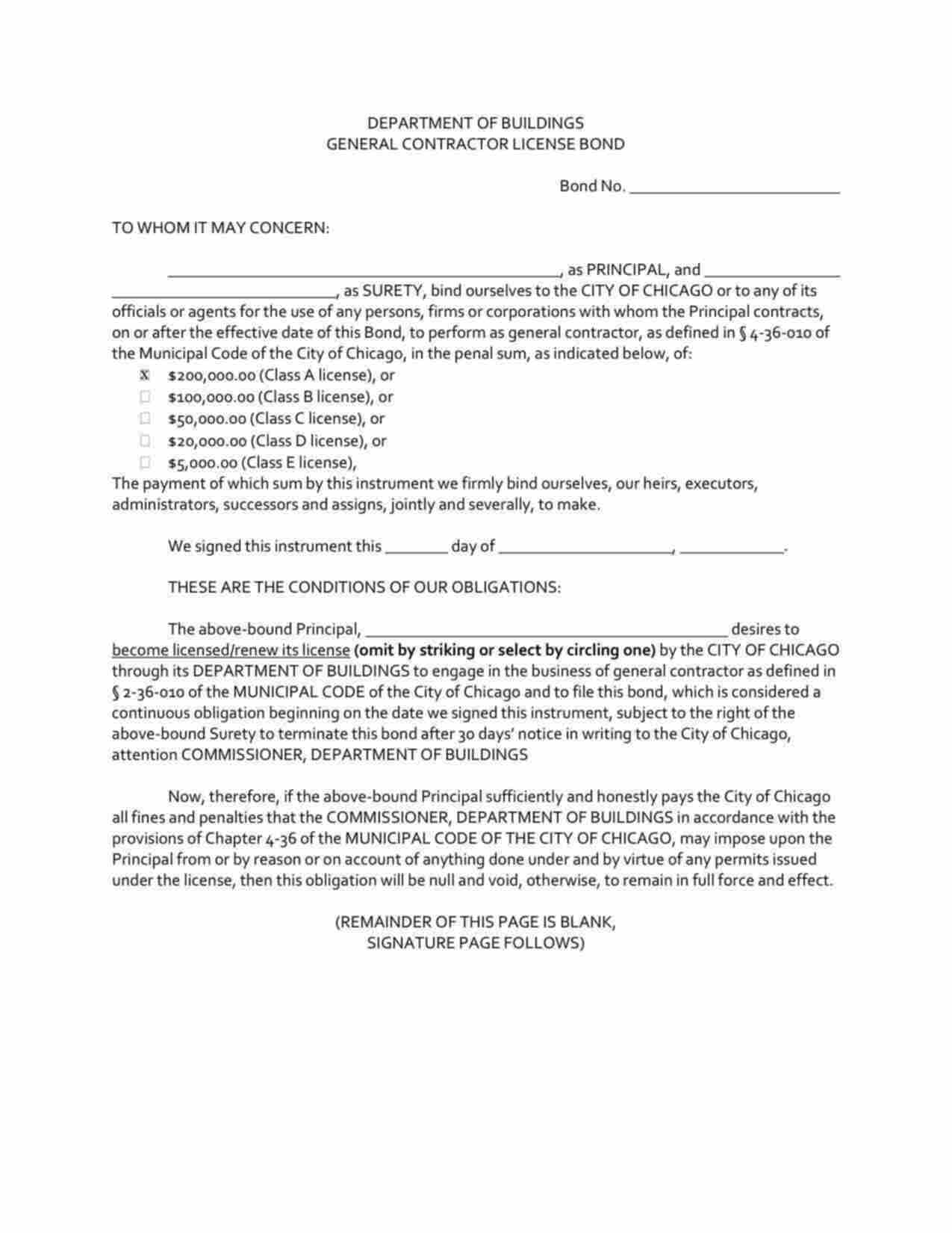 Illinois General Contractor License - Class A Bond Form