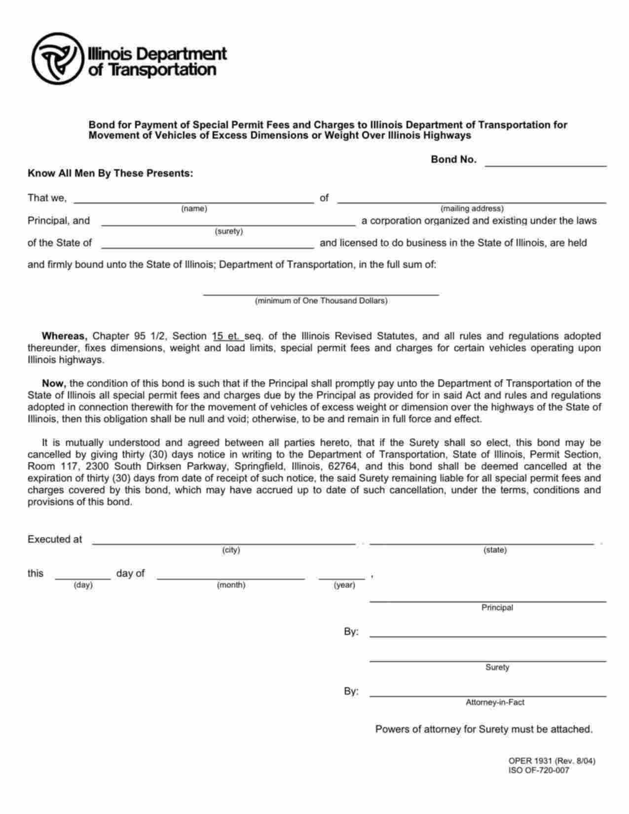 Illinois Vehicle of Excess Dimensions or Weight Bond Form