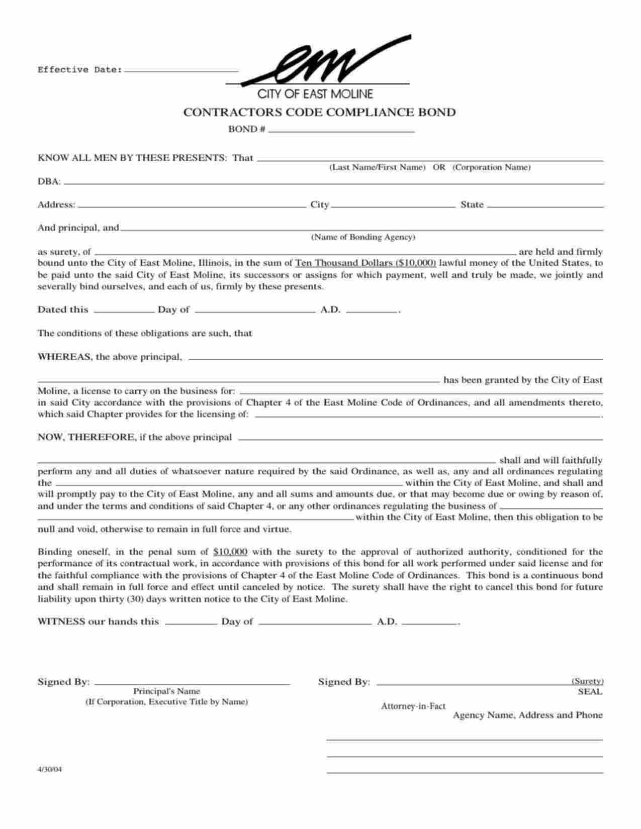 Illinois Contractors Code Compliance Bond Form