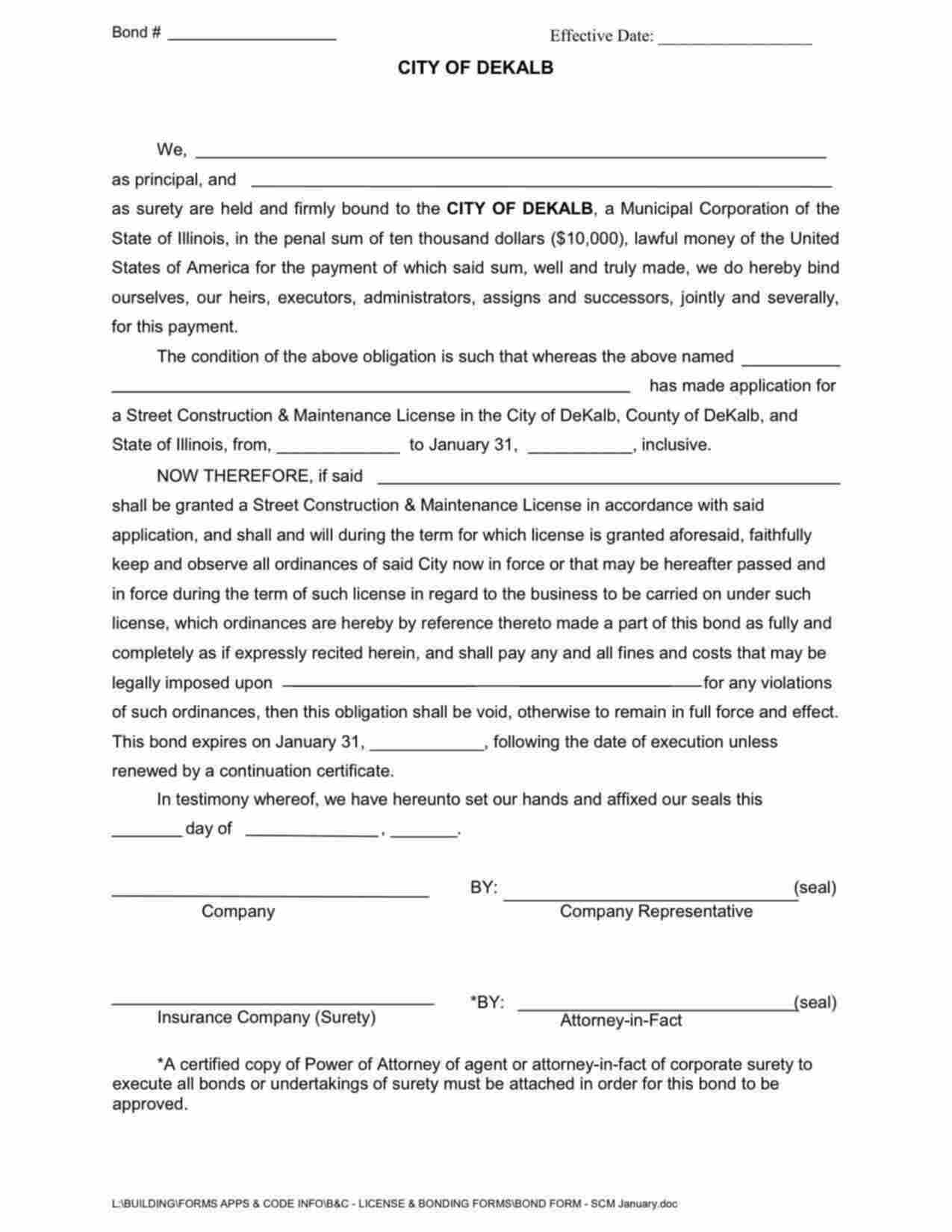 Illinois Street Construction and Maintenance Bond Form