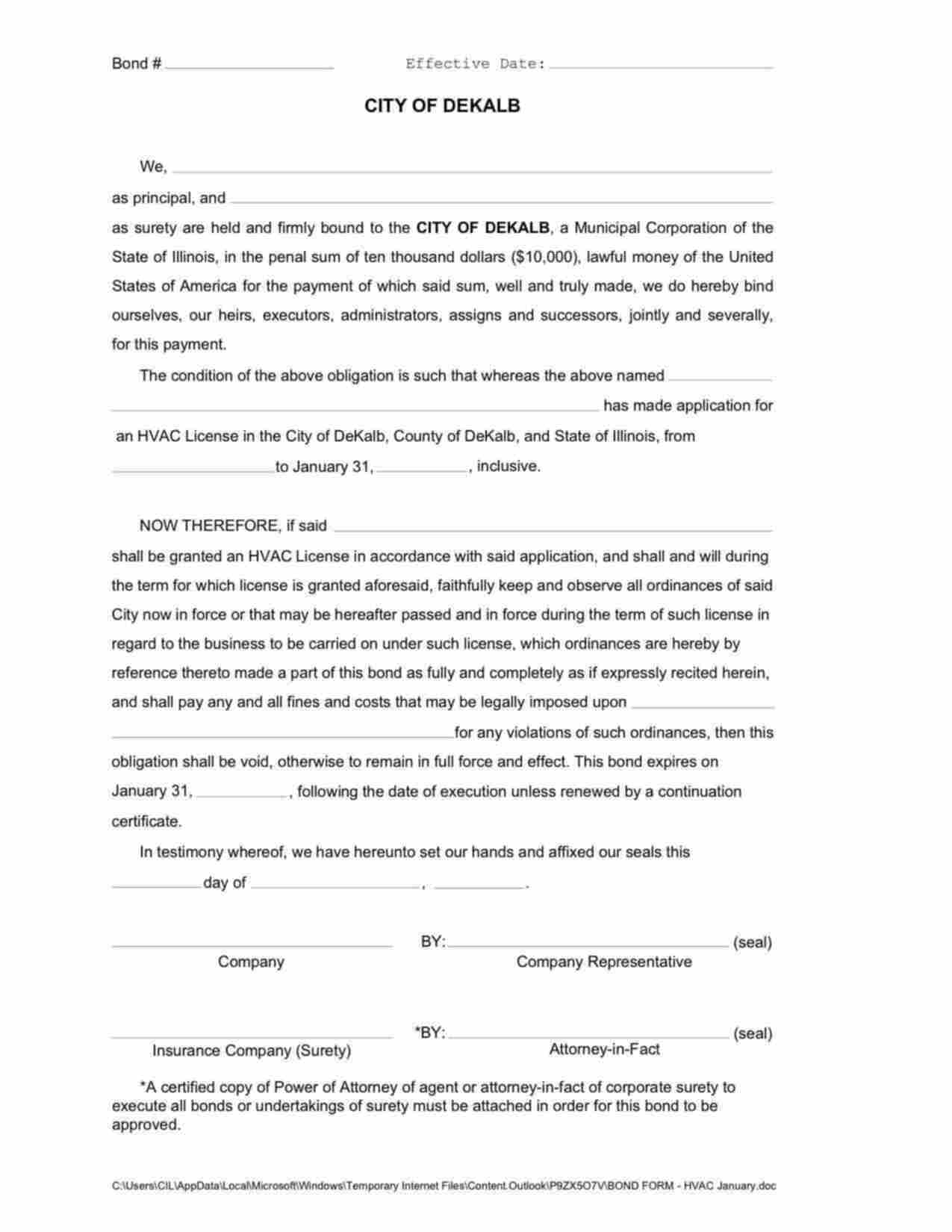 Illinois HVAC Contractor Bond Form