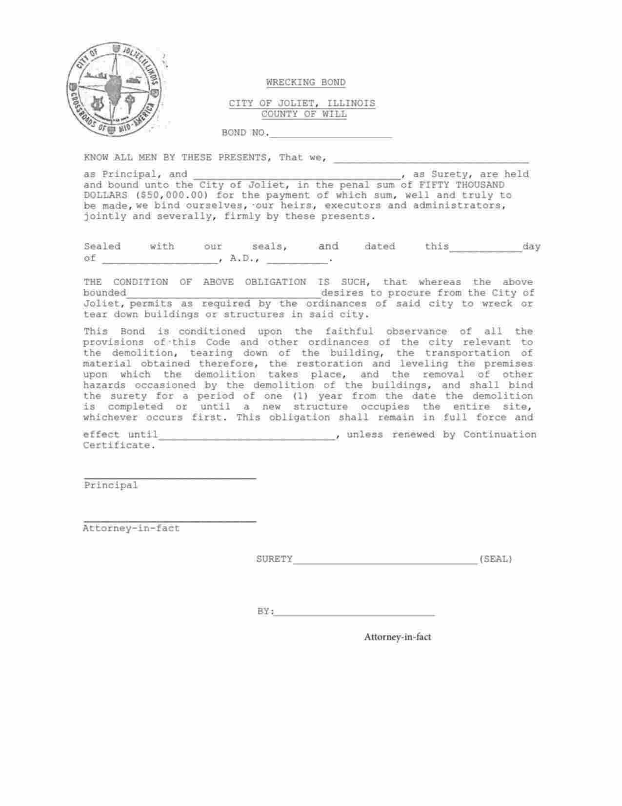 Illinois Wrecking Contractor Bond Form