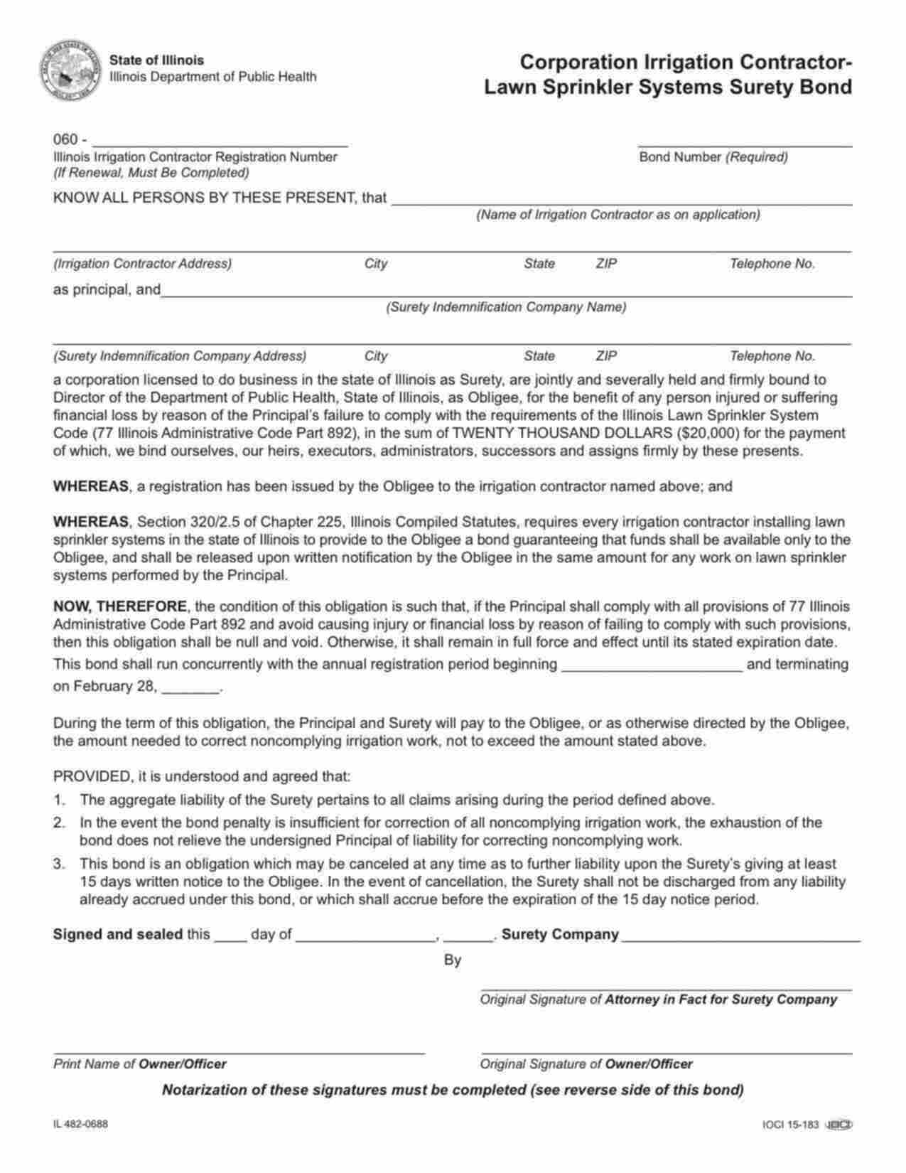 Illinois Irrigation Contractor - Corporation Bond Form