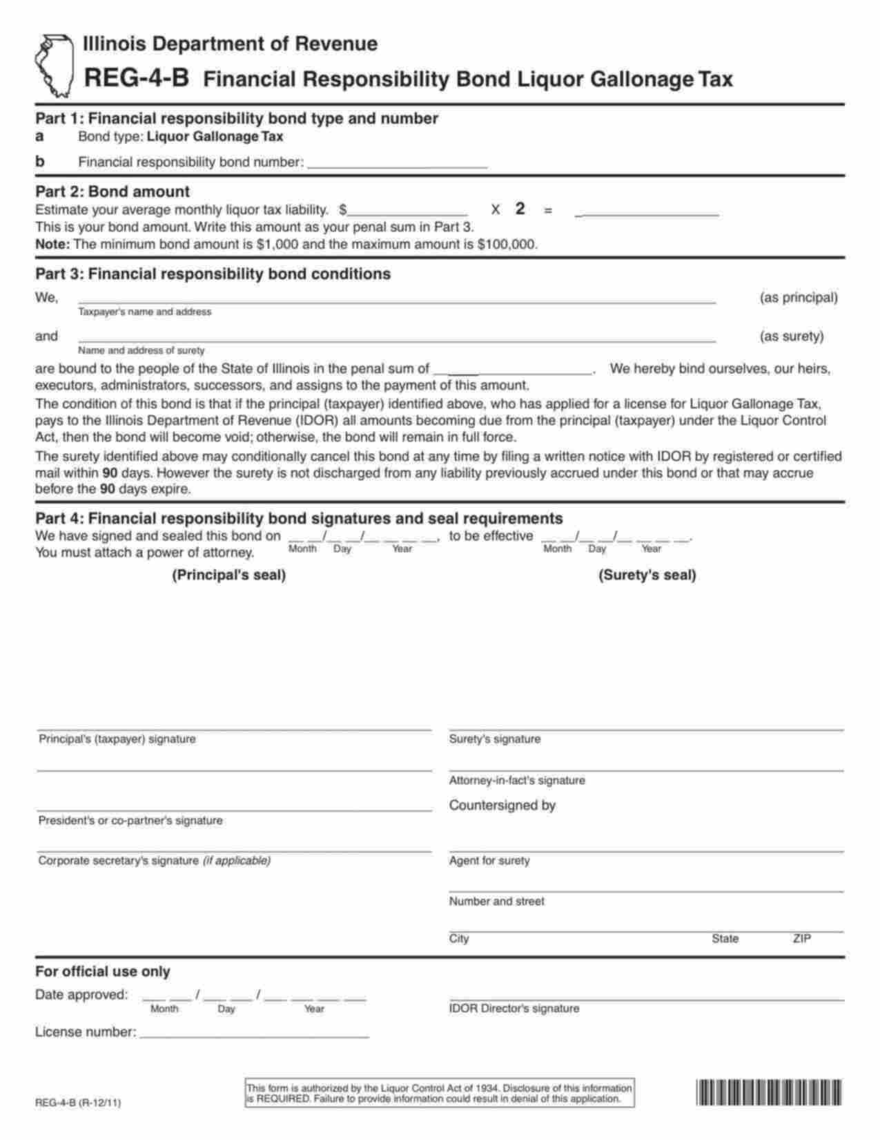 Illinois Liquor Gallonage Tax - Financial Responsibility Bond Form