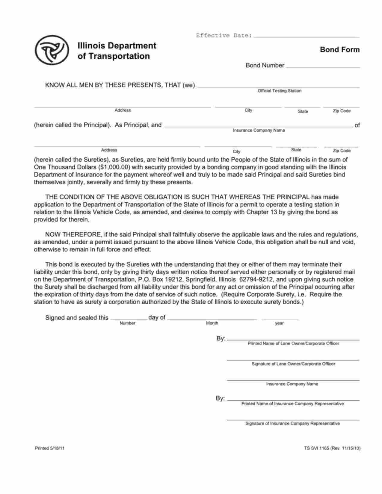 Illinois Official Testing Station Bond Form