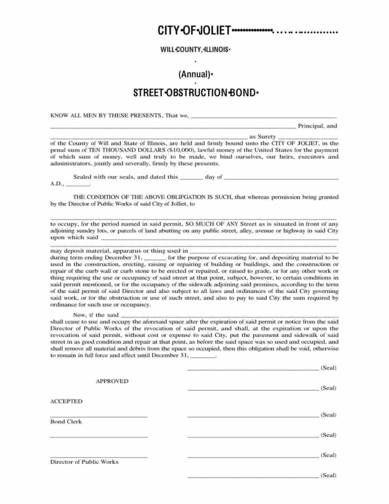 Illinois Street Obstruction (Annual) Bond Form