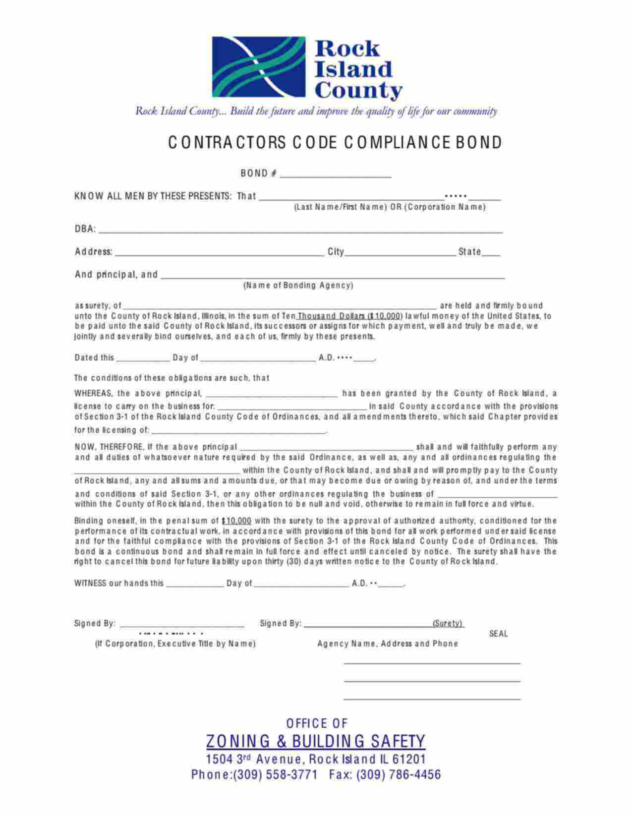 Illinois Contractors Code Compliance Bond Form