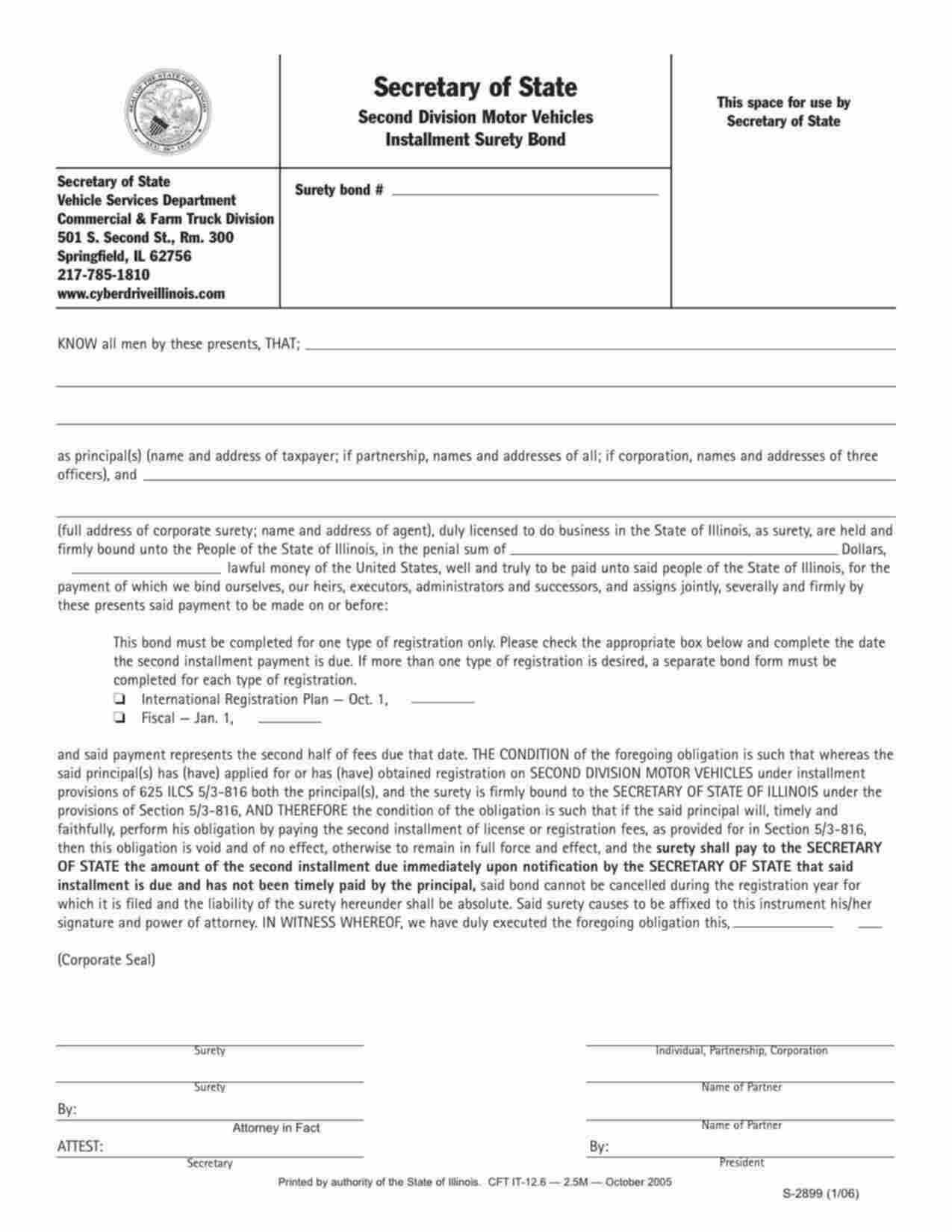 Illinois Second Division Motor Vehicles Installment - Fiscal Bond Form