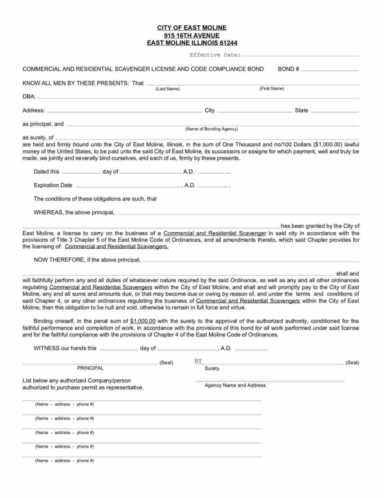 Illinois Commercial and Residential Scavenger Bond Form