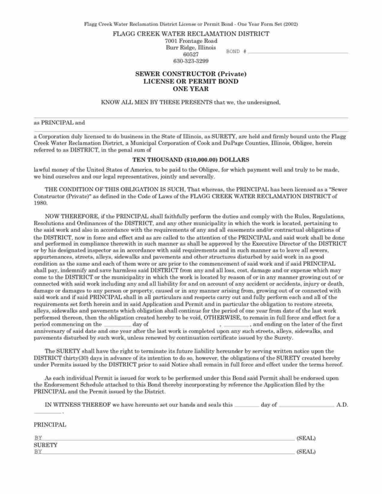 Illinois Sewer Constructor (Private) License or Permit Bond Form