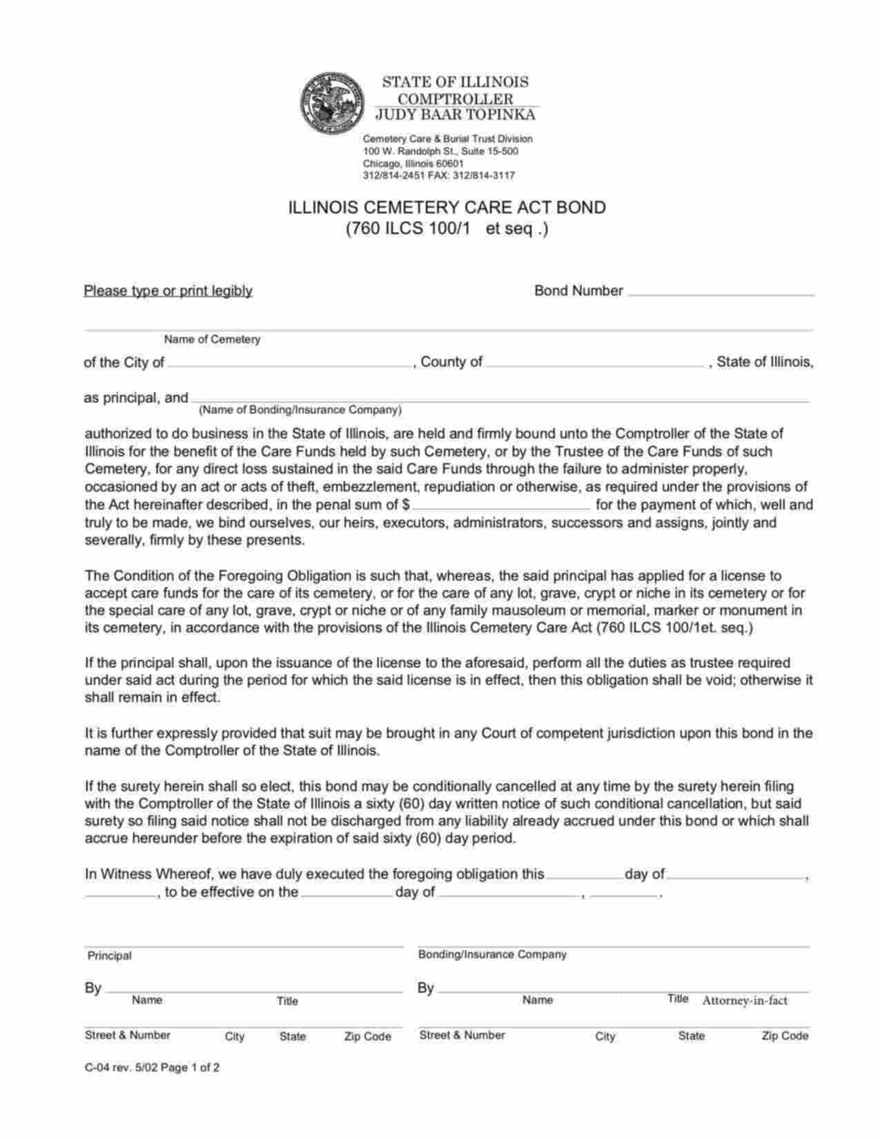 Illinois Cemetery Care Act Bond Form