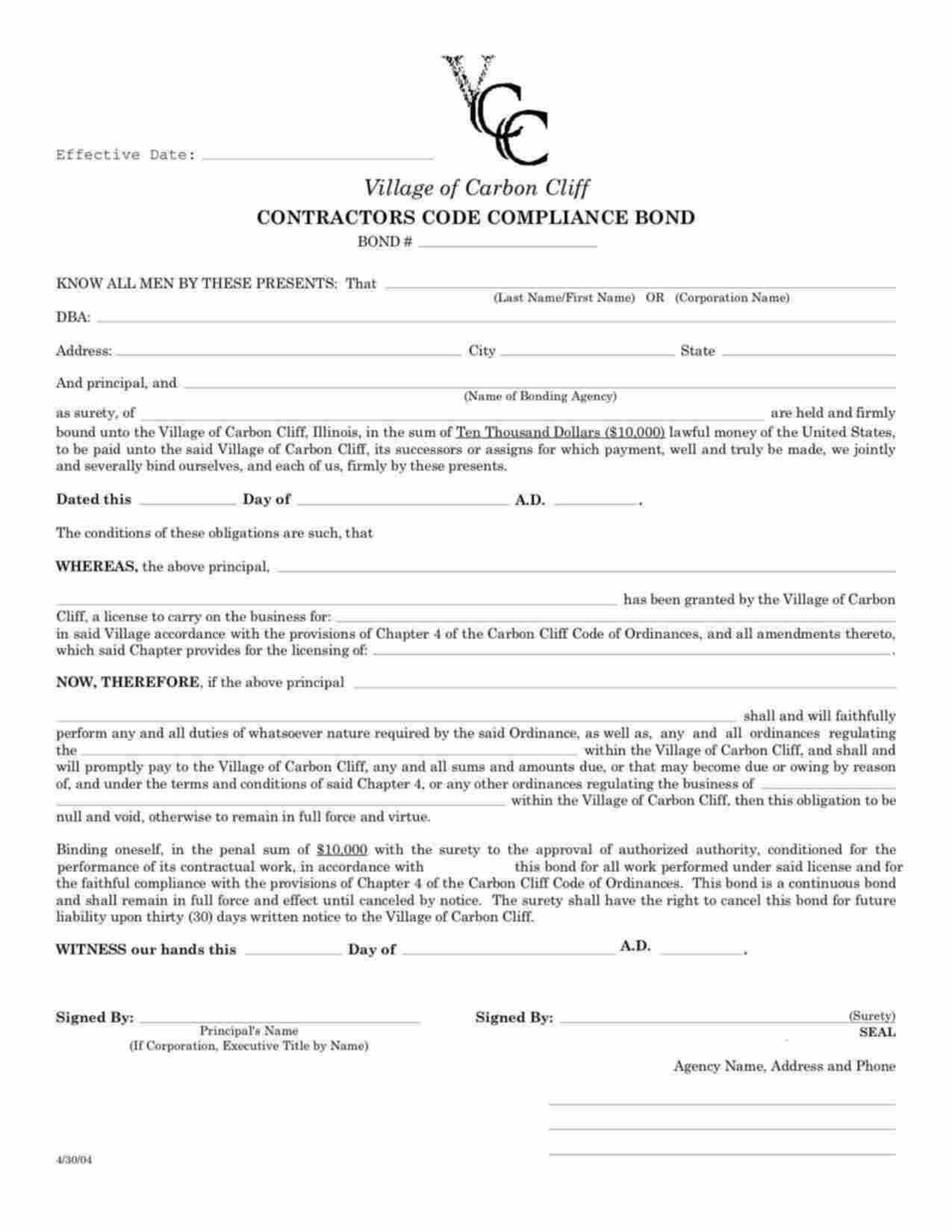 Illinois Contractors Code Compliance Bond Form