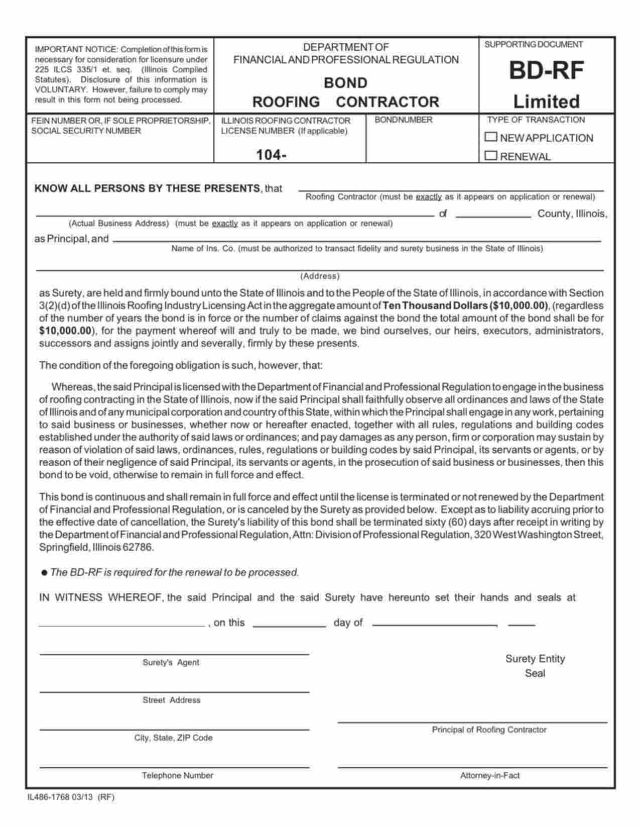 Illinois Roofing Contractor (Limited) Bond Form