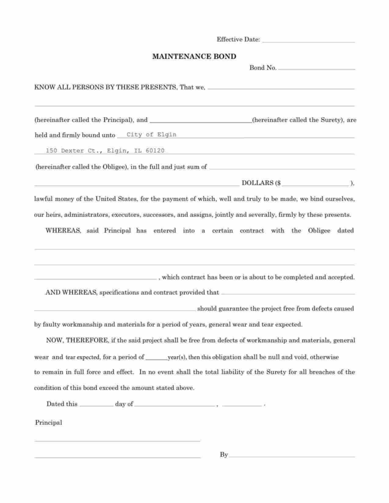 Illinois Maintenance Bond Form