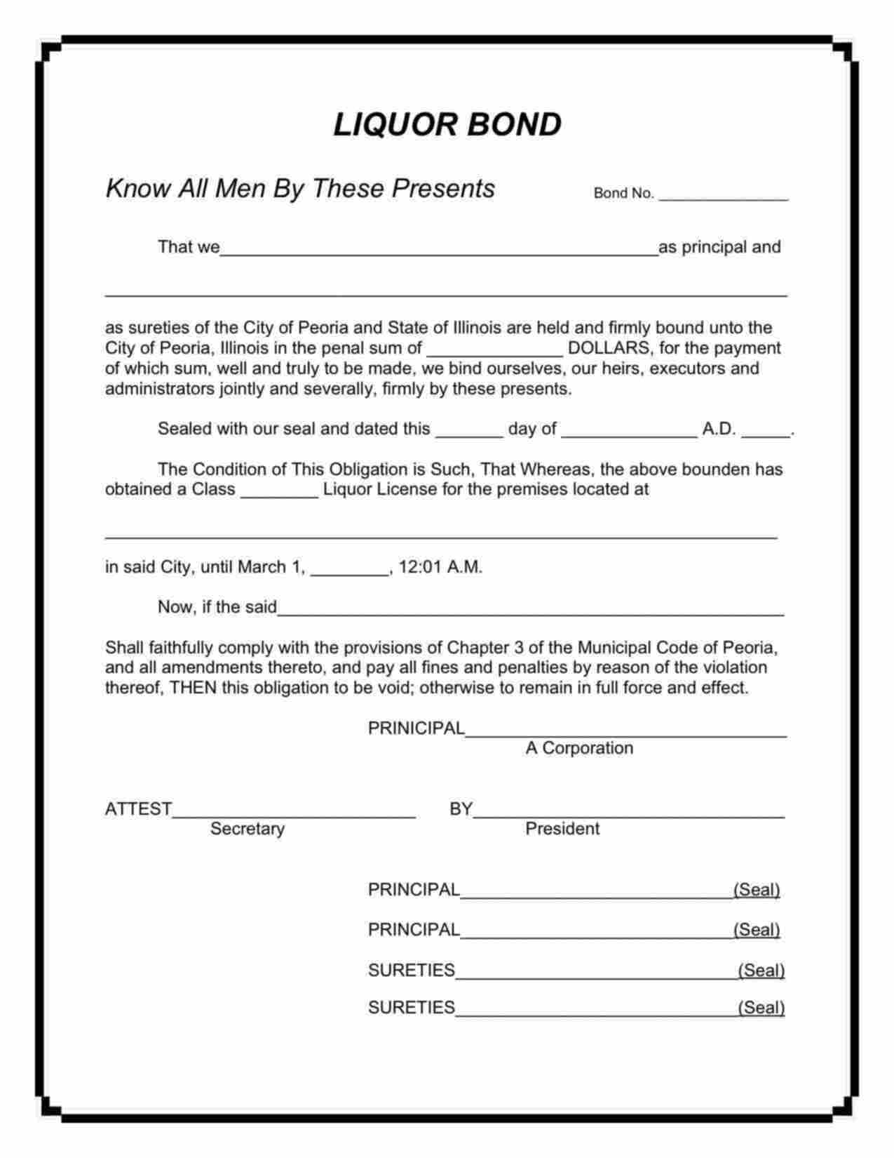 Illinois Liquor License - Class M - Mail Order Bond Form