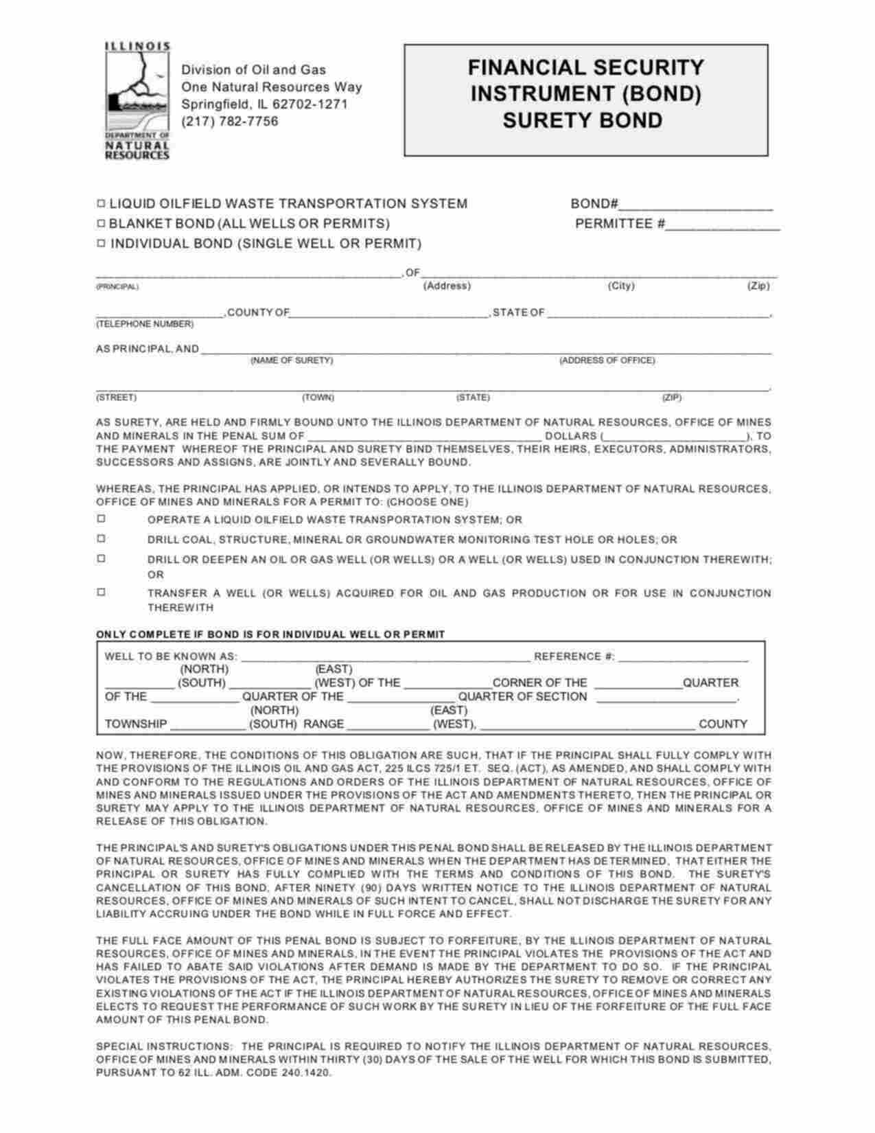 Illinois Blanket Coal, Structure or Groundwater Drilling Holes Bond Form