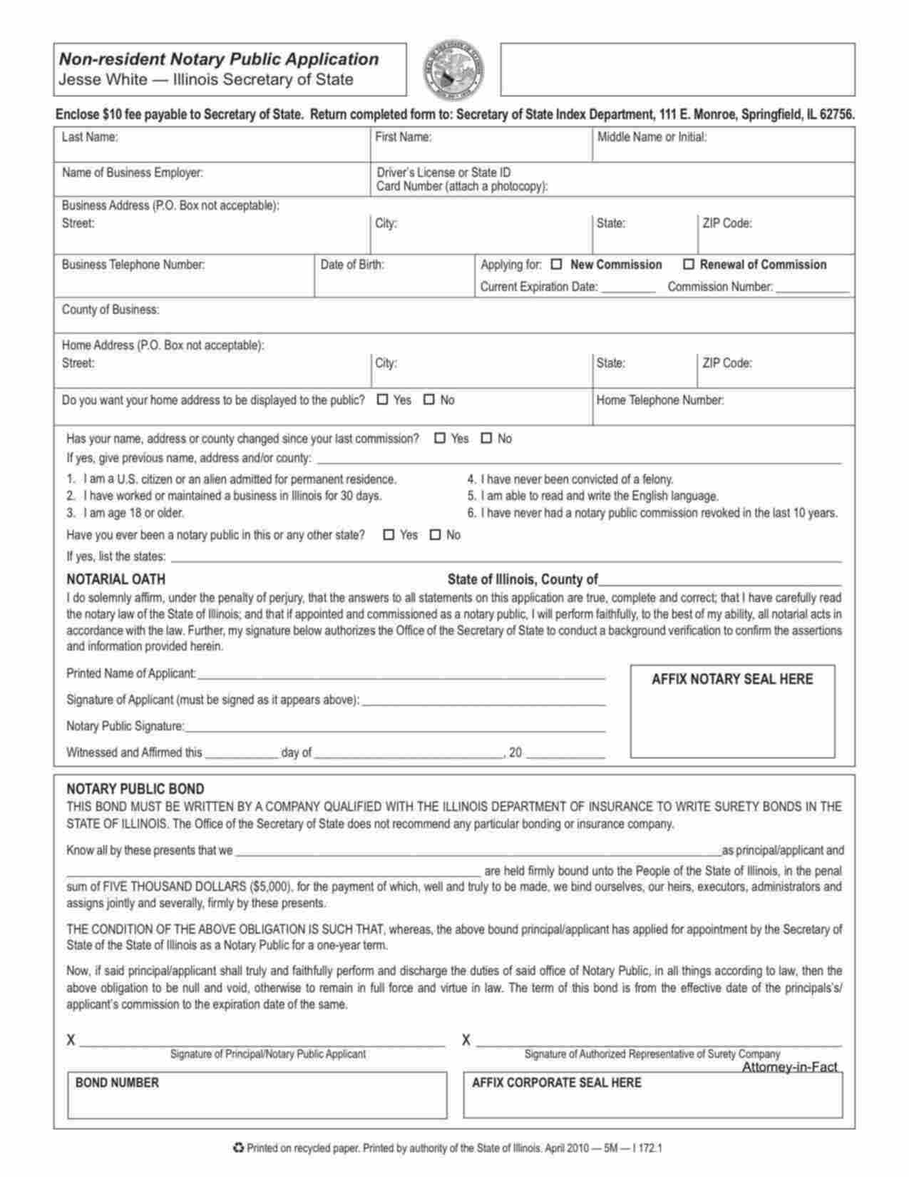 Illinois Non-Resident Notary Public Bond Form