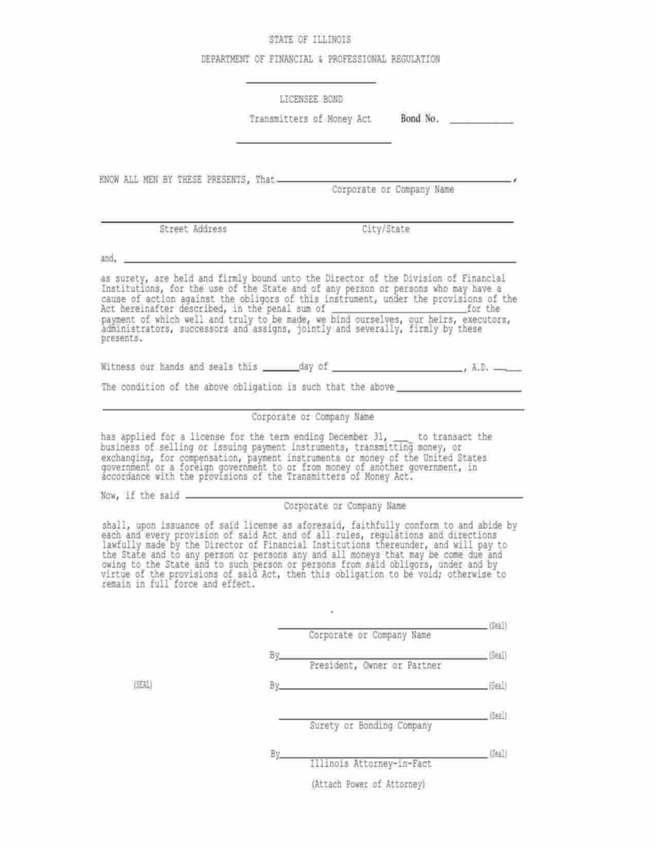 Illinois Money Transmitter Bond Form