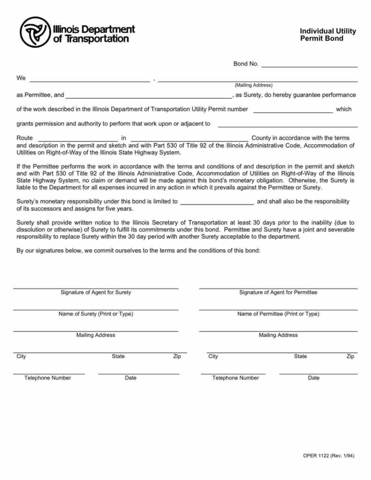 Illinois Individual Utility Permit Bond Form