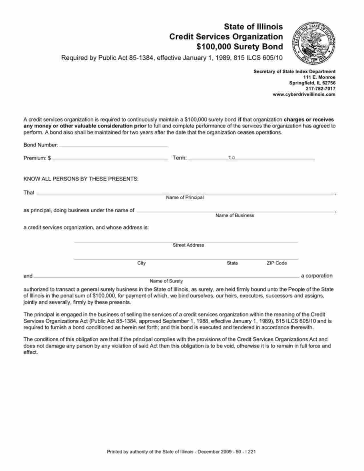 Illinois Credit Services Organization Bond Form