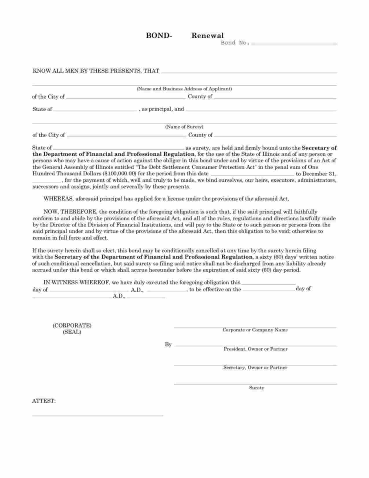 Illinois Debt Settlement Consumer Protection Bond Form