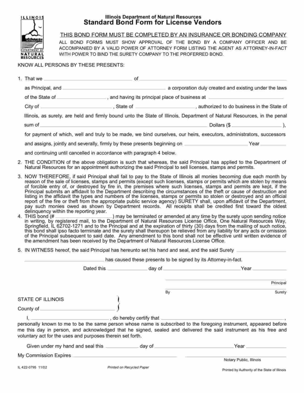 Illinois Hunting/Fishing License Vendors Bond Form
