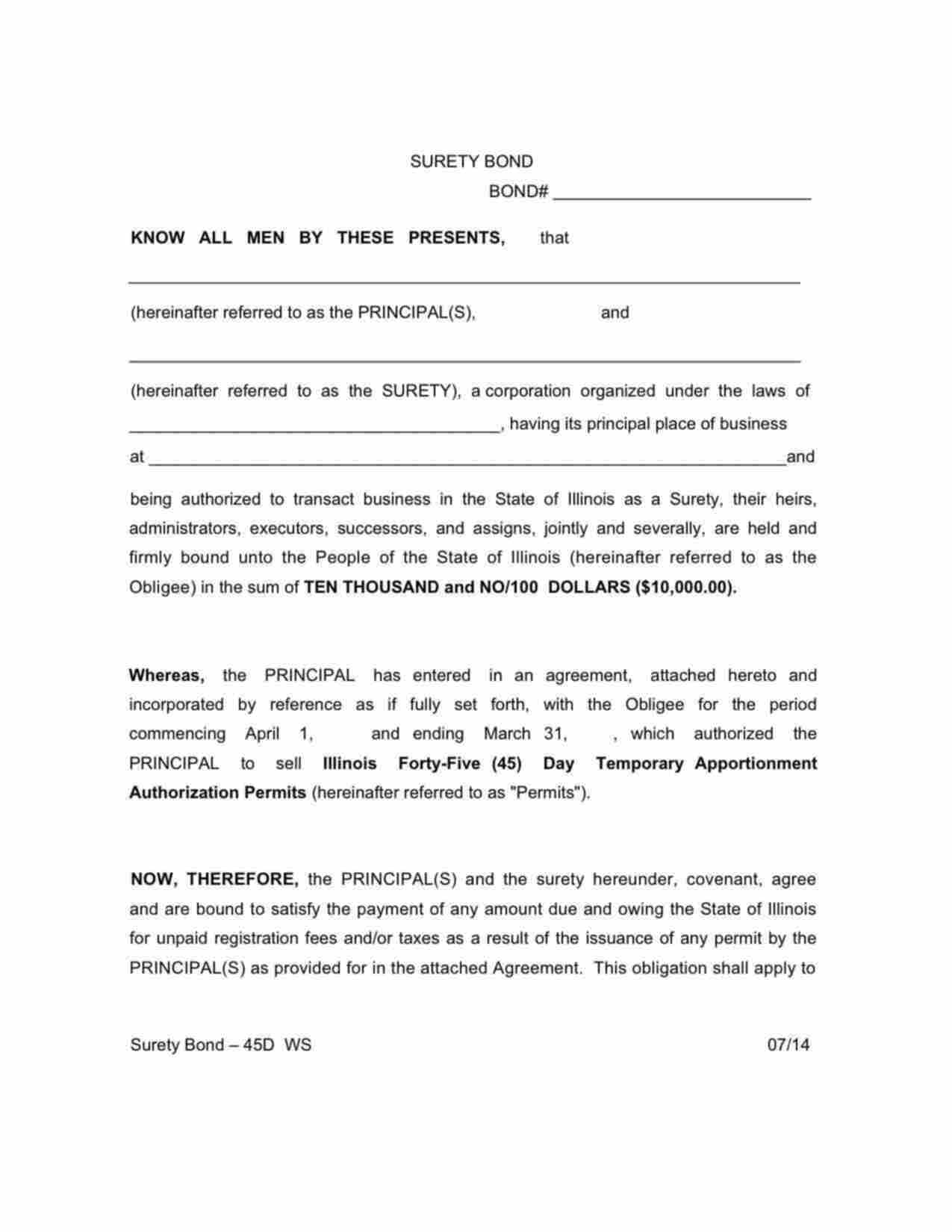 Illinois 45 Day Temporary Apportionment Authorization Permit Bond Form