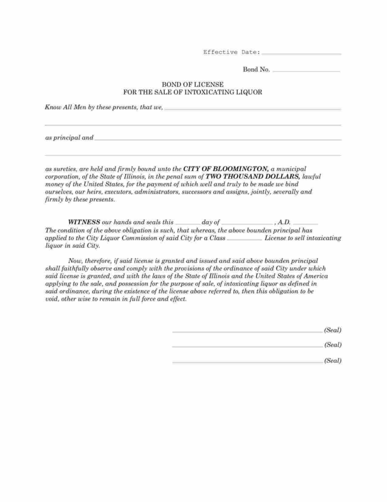Illinois License for the Sale of Intoxicating Liquor Bond Form