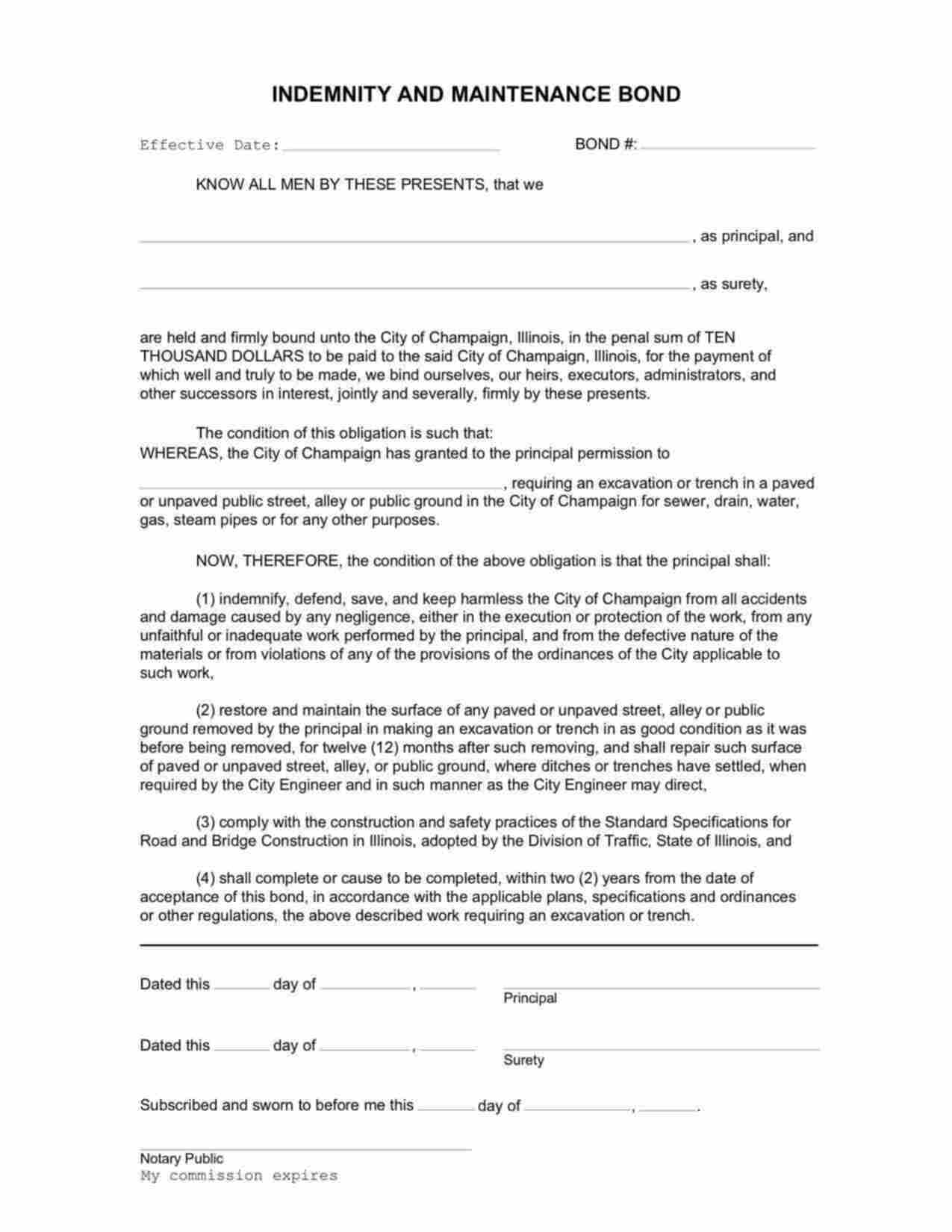 Illinois Excavation Indemnity and Maintenance Bond Form